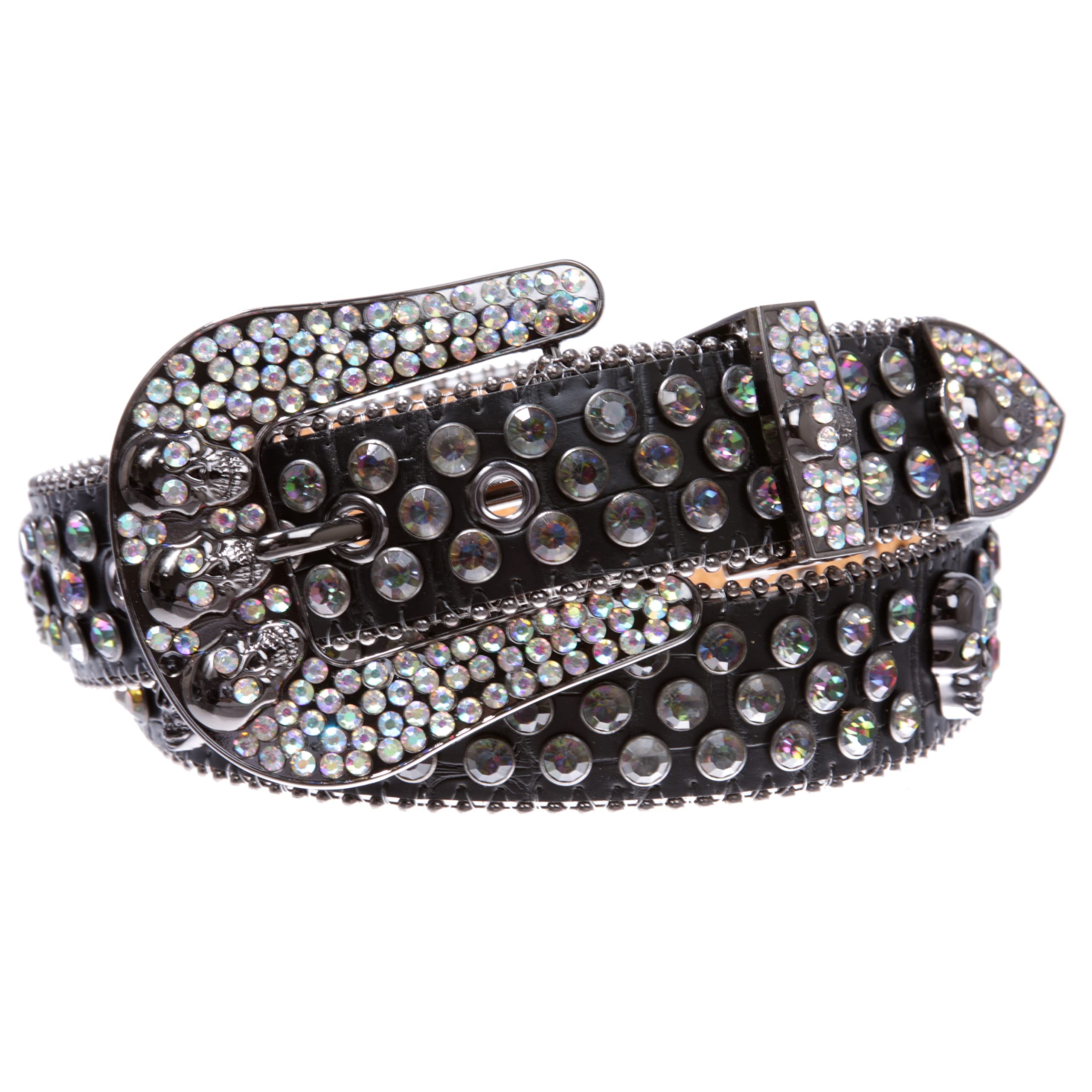 Western Rhinestone Skull Leather Belt for Men & Women - Cowboy Cowgirl Bling Accessory for Rodeo, Country Music & Fashion Outfits