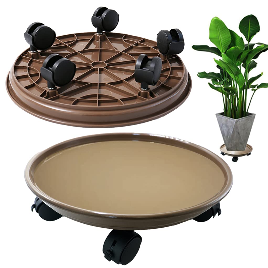 13 Inch Brown Plant Caddies with Wheels - 2 Pack Indoor/Outdoor Rolling Plant Stand for Flower Pots, Garden Tray Trolley with Casters | Perfect for Moving Heavy Plants, Decorating Patios & Easy Garden Maintenance