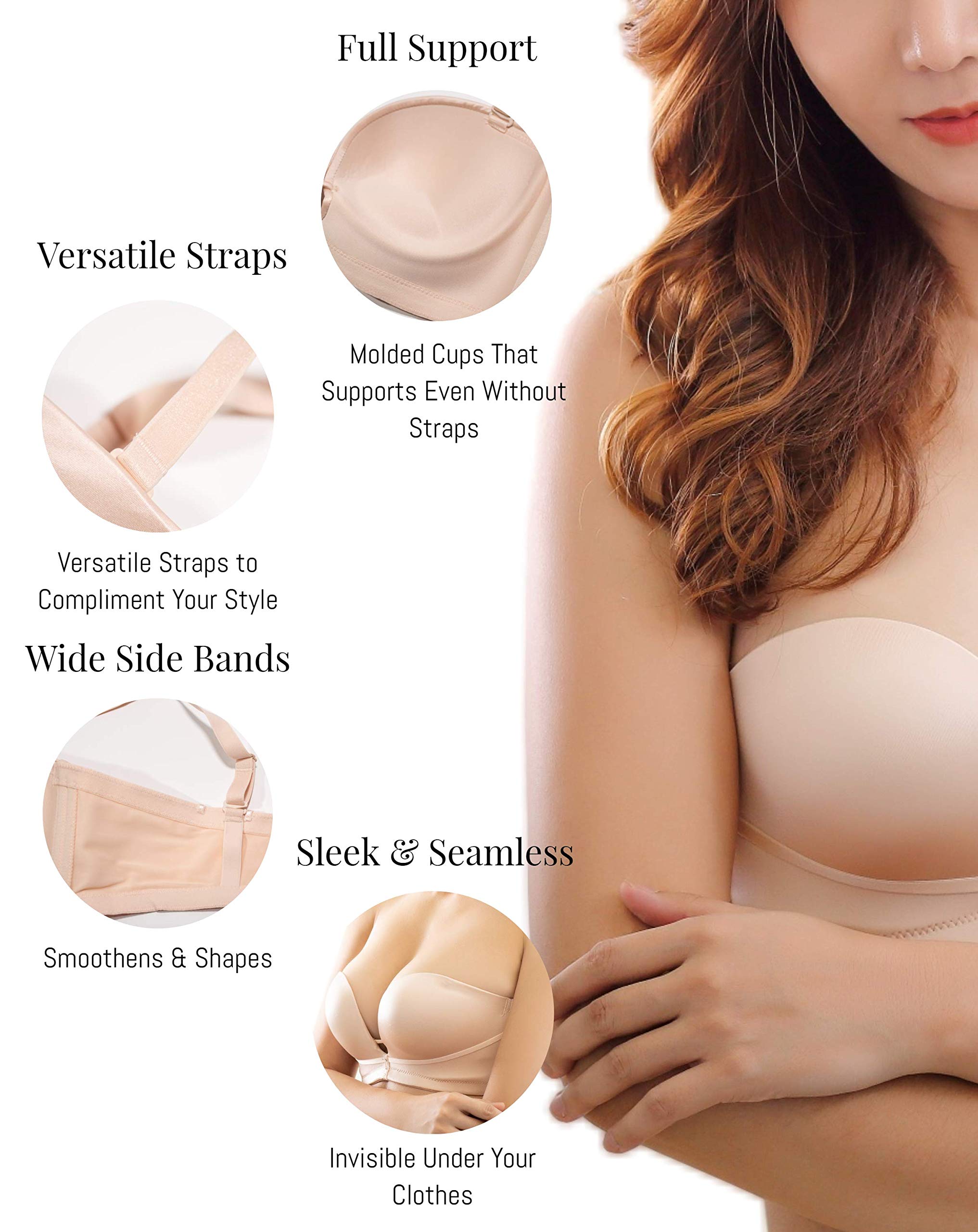 Wireless Multi-Way Strapless Bra - Sculpted Molded Cup (Padded) Deep V Neck No Wire Comfortable Push Up Bra for Women | Perfect for Backless Dresses, Wedding Gowns & Formal Wear
