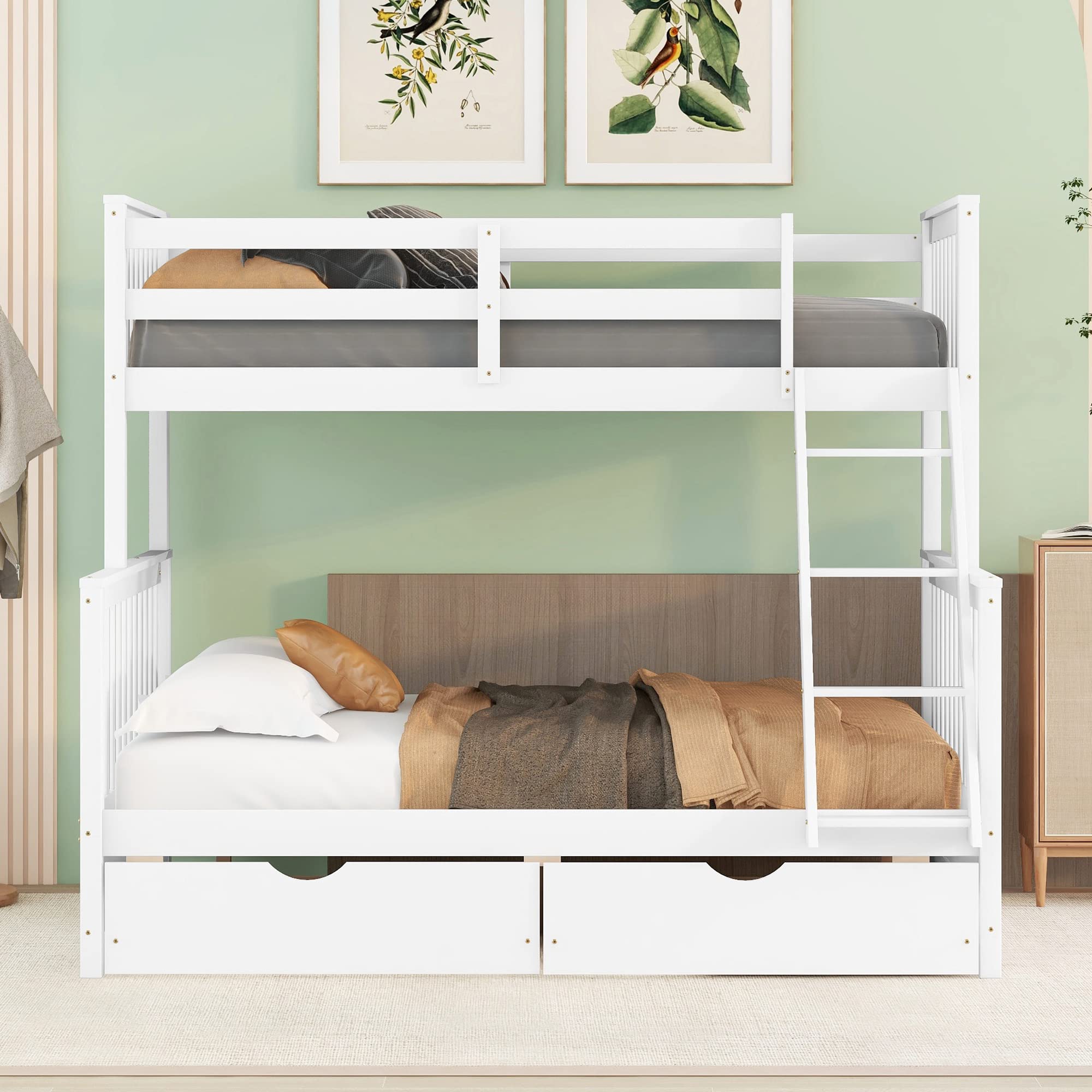 P PURLOVE Twin Over Full Bunk Bed with Storage - Wood Frame for Kids & Teens - Space Saving Bedroom Solution