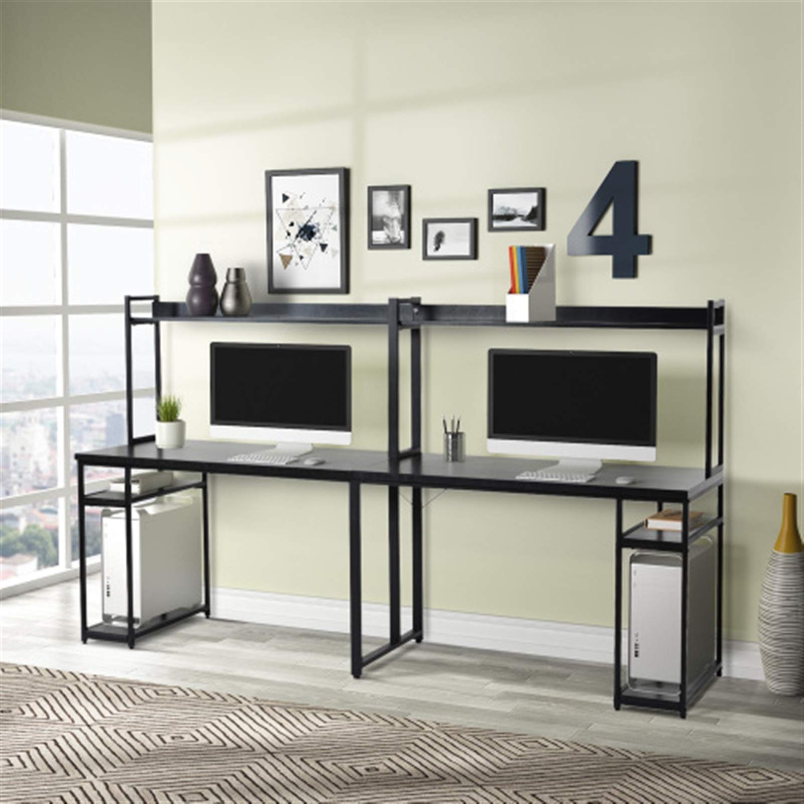 Black Study Desk with Shelves & Storage - 2 Person Home Office Workstation, Spacious Tabletop, Multifunctional Writing Desk for Shared Workspace, Study Room or Small Office