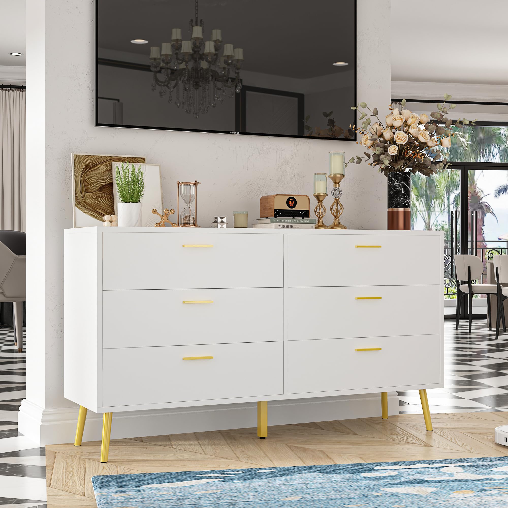 Homsee 6-Drawer Double Dresser - White Wooden Storage Chest with Gold Metal Legs, 54