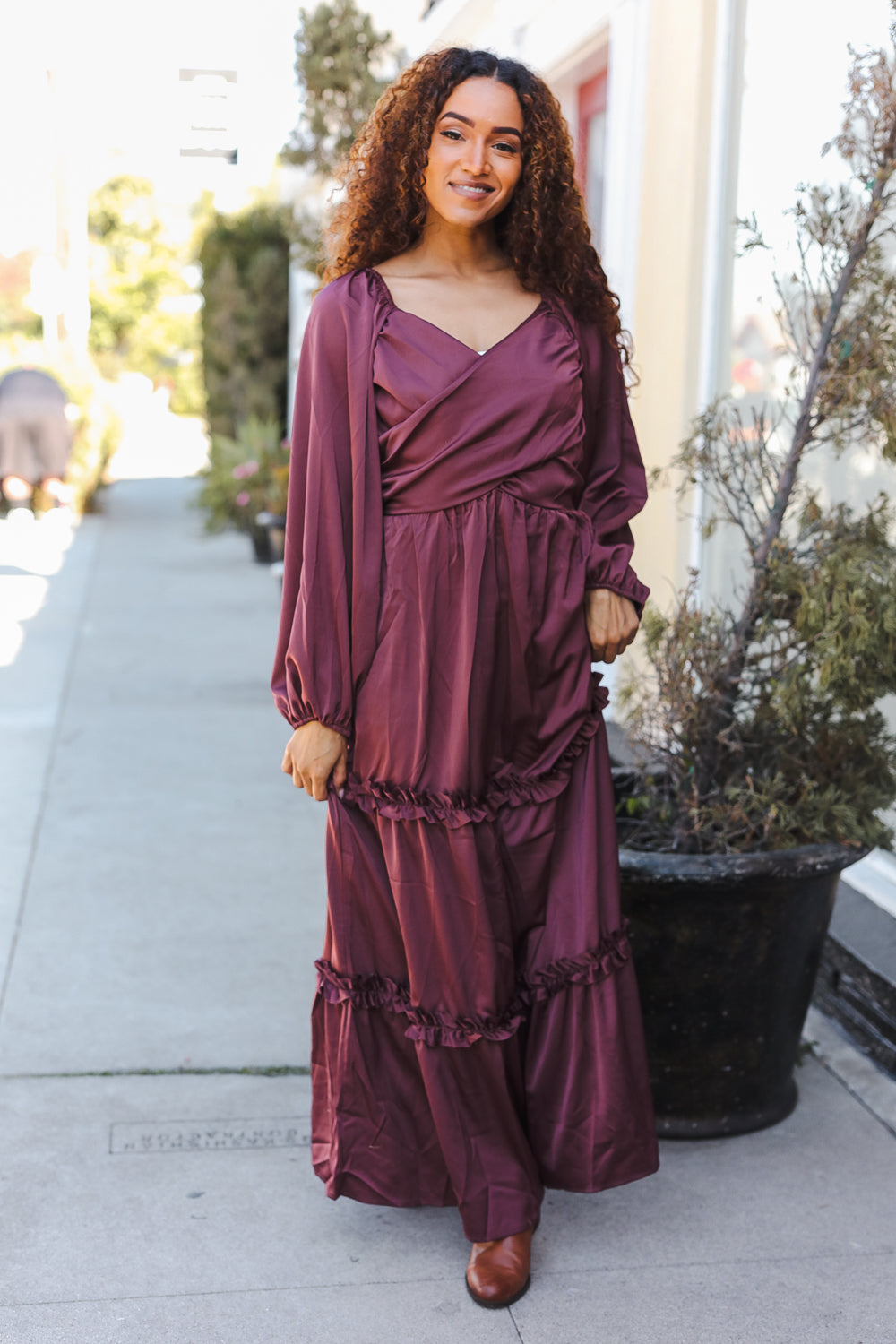Holiday Vibes Wine Satin Front Overlap Smocked Back Maxi Dress for Women - Elegant Party Gown for Christmas, New Year & Special Occasions