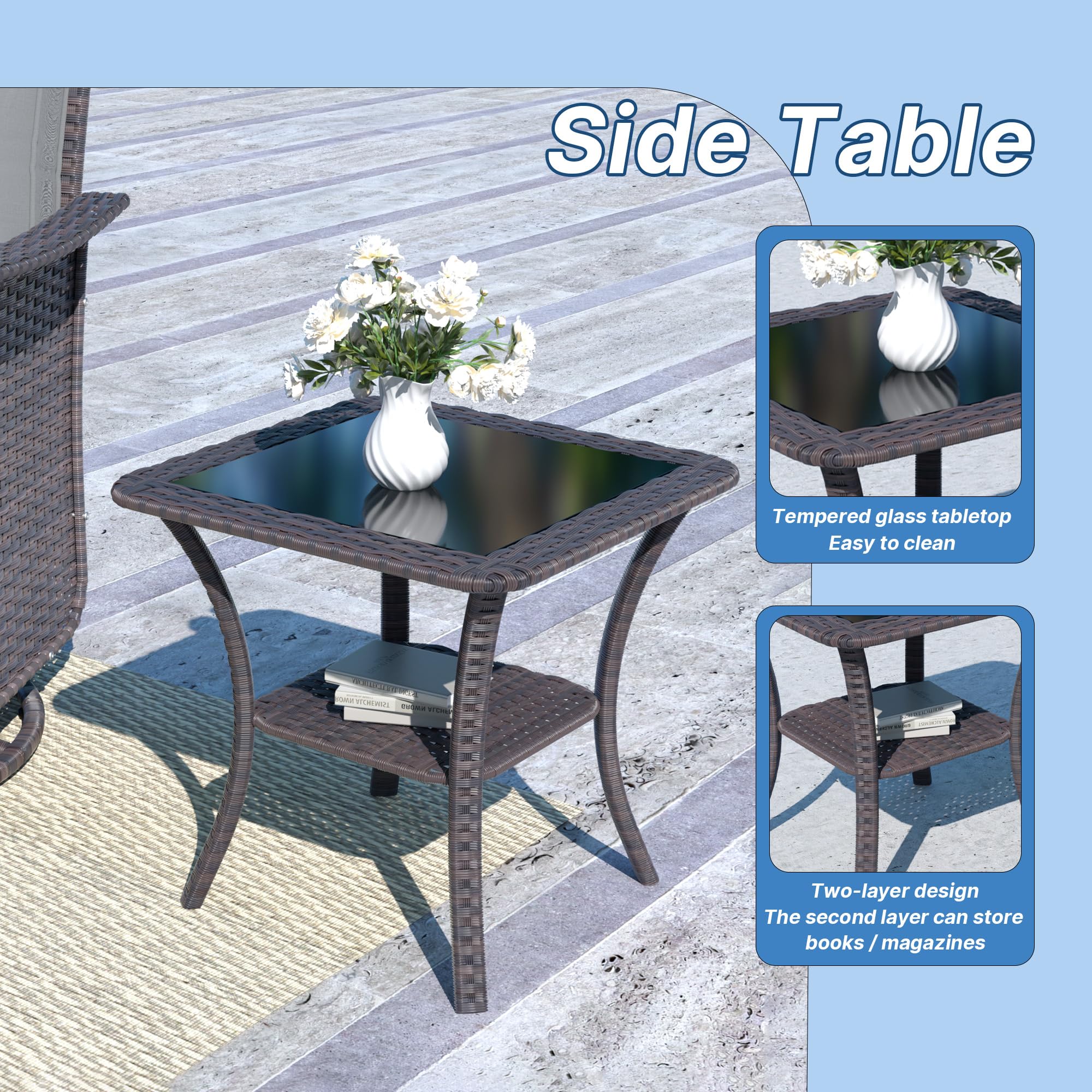 Kurapika 3-Piece Patio Furniture Set - Outdoor Swivel Glider Rocker, Wicker Bistro Set with Rattan Rocking Chair, Tempered Glass Side Table & Thick Cushions (Navy Blue) - Perfect for Garden, Balcony, Backyard & Poolside Relaxation