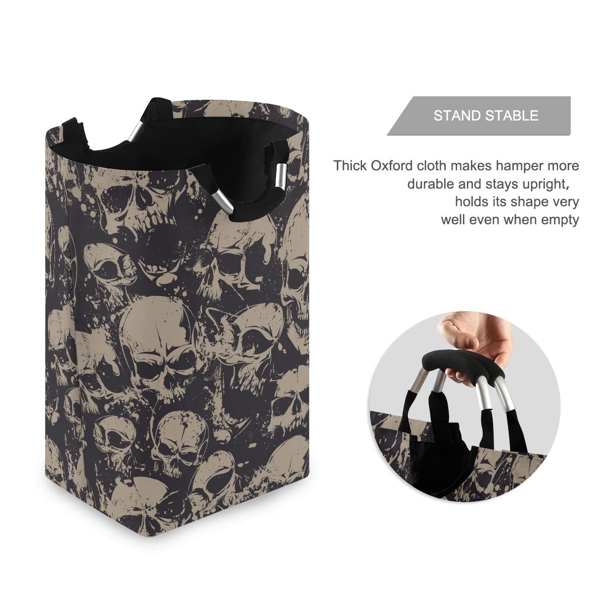 Foldable Collapsible Laundry Hamper Bag with Handles - Grunge Skull Design for Laundry Room, Bathroom Storage & Organization - Perfect for College Dorms, Camping & Travel