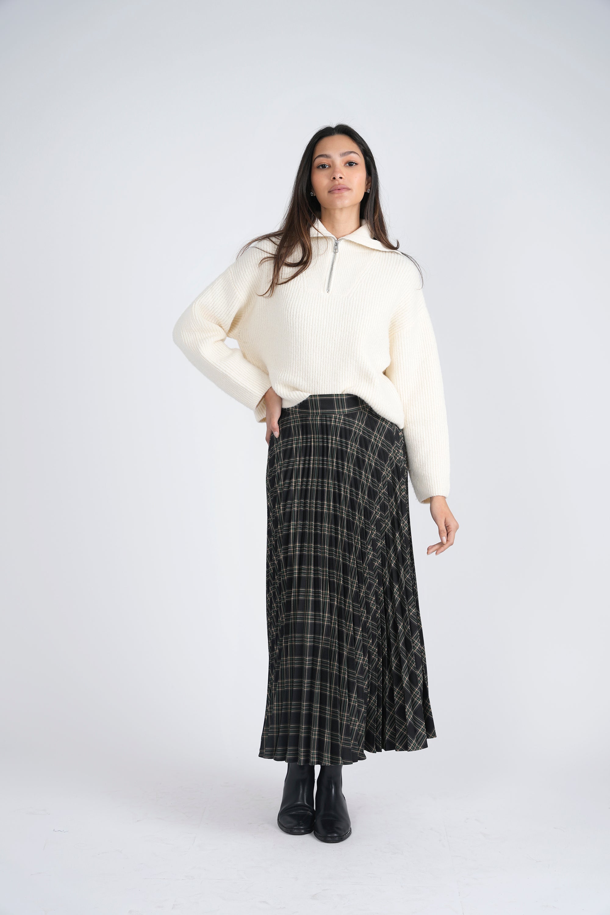 Stylish Accordion Pleated Midi Skirt in Classic Plaid Pattern - Perfect for Office Wear, Casual Outings and Fall Fashion