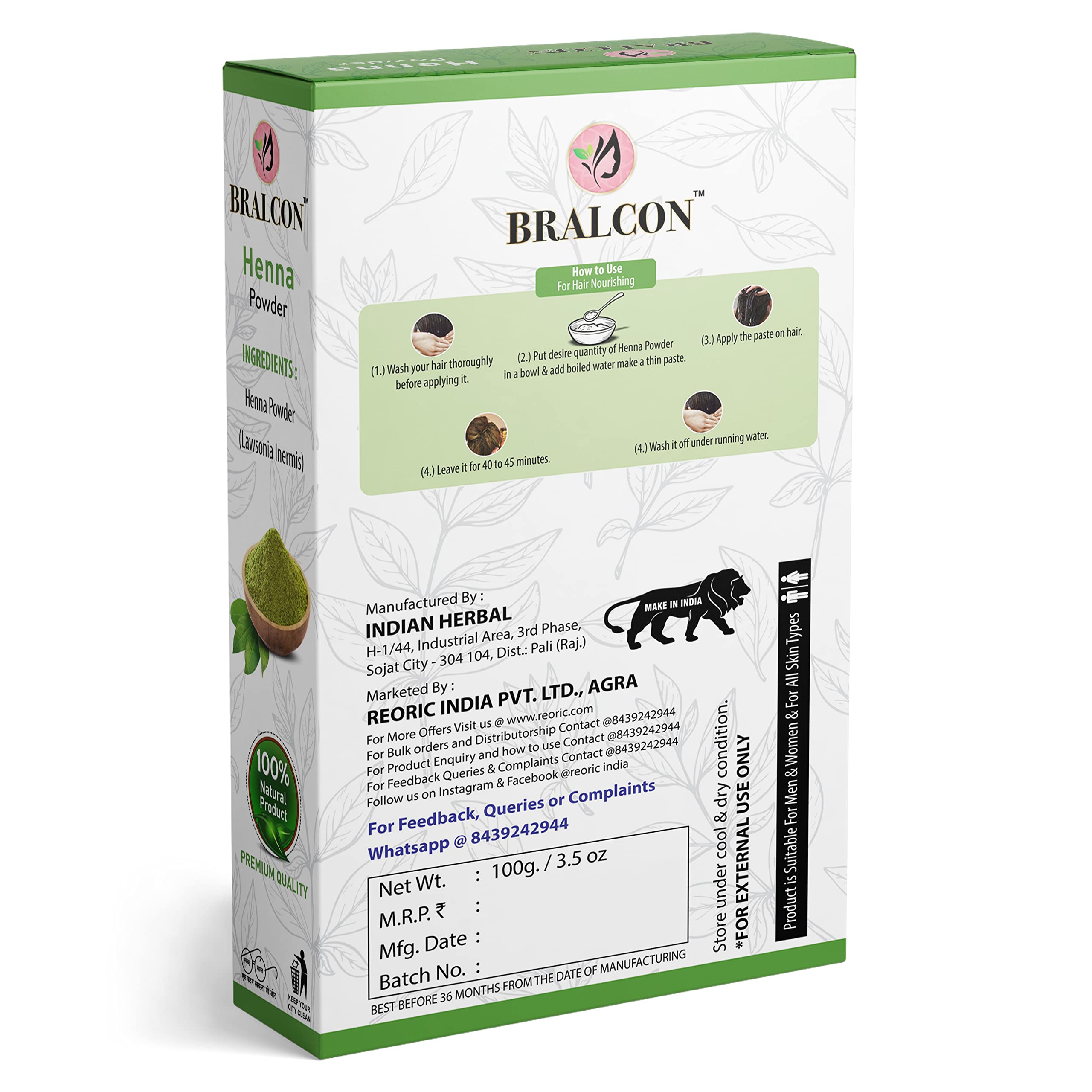 BRALCON Organic Henna, Indigo, Amla Powder Combo - 300g (100g x 3 Pack) | Natural Hair Dye & Hair Growth Treatment | Skin Care, Conditioning & Anti-Dandruff Solution | Perfect for DIY Hair Coloring, Henna Tattoos & Ayurvedic Hair Care