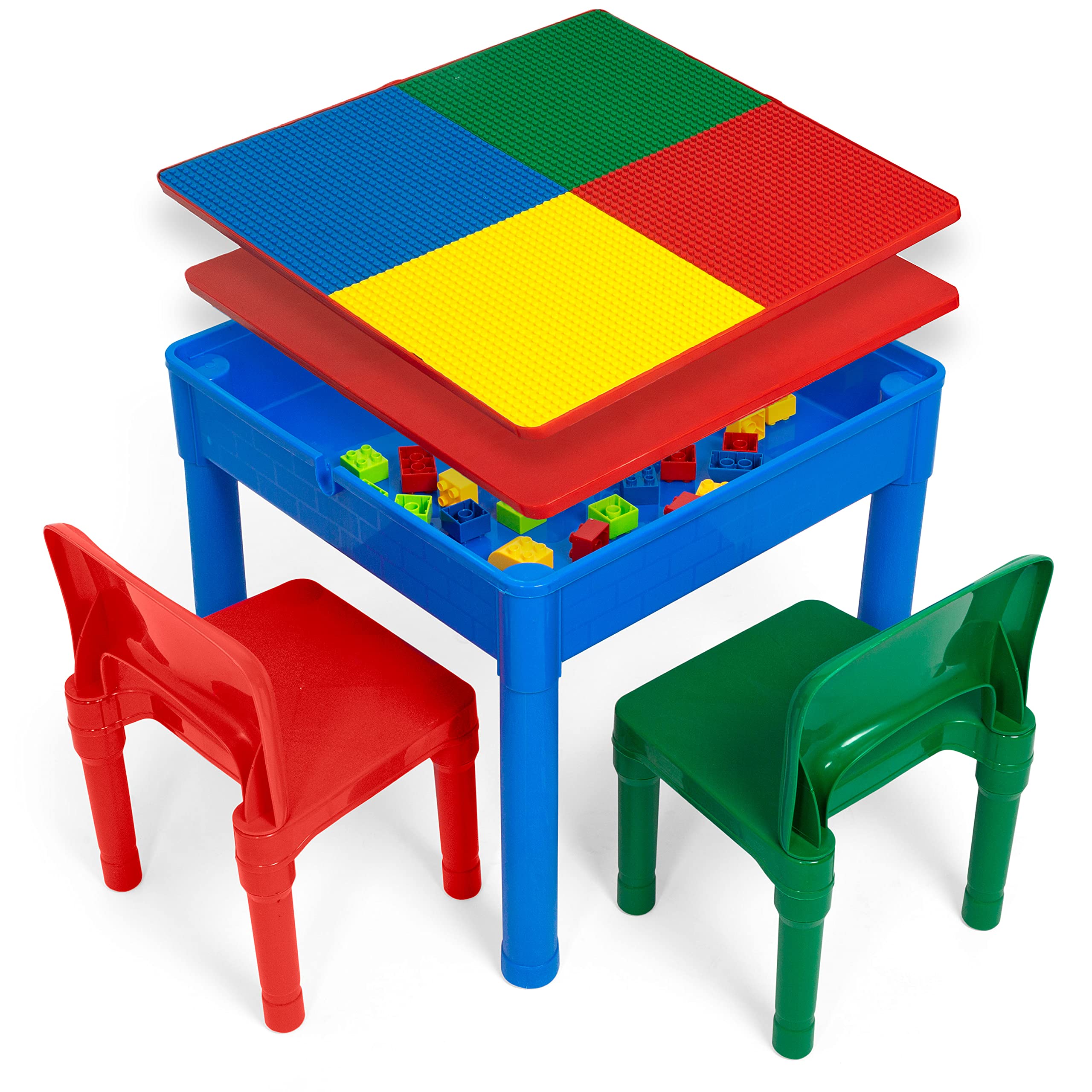 Play Platoon 5-in-1 Kids Activity Table & Chair Set with Building Blocks - Toddler Craft, Sensory & Learning Table with 2 Chairs & 25 XL Blocks (Yellow, Red, Green) - Perfect for Preschool Playrooms, Daycare Centers & Home Learning Activities