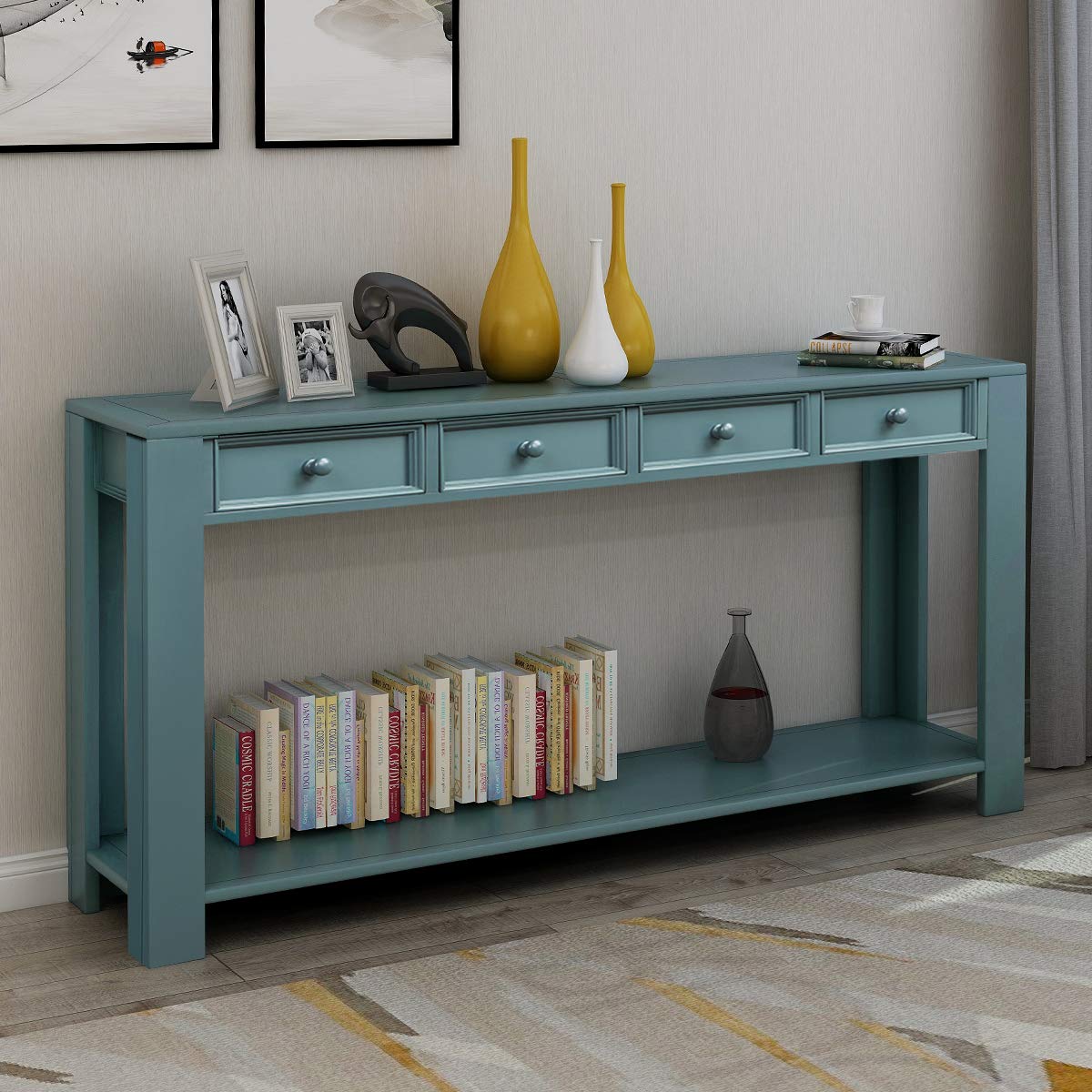 Merax Retro Blue Modern Wood Foyer Console Table with 2 Drawers & Bottom Shelf - Entryway Hallway Sofa Table - Perfect for Small Spaces, Living Room Decor & Apartment Entryways