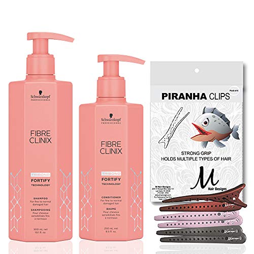 Fibre Clinix Tribond Fortify Shampoo & Conditioner Set with M Hair Designs Piranha Clips - 10.1oz Shampoo, 8.5oz Conditioner & Hair Styling Clips Bundle for Damaged Hair Repair & Salon Styling at Home