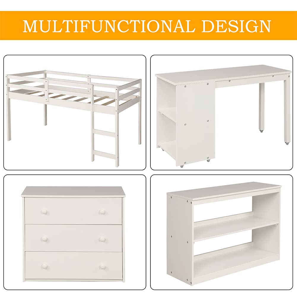 **Twin Size Wood Loft Bed Frame with Cabinet & Rolling Desk - Low Study Loft Bed, Easy Assembly (White) - Perfect for Small Spaces, Dorm Rooms & Kids' Bedrooms**