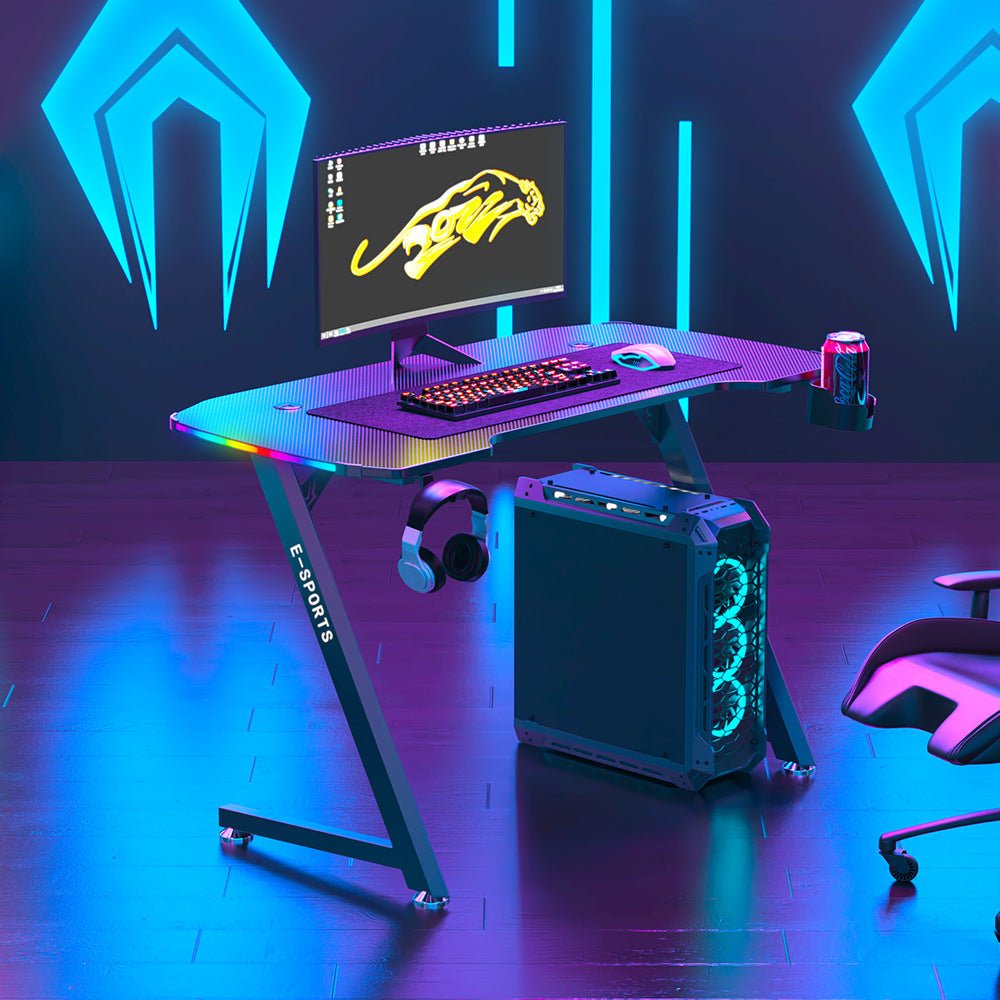 140cm Z-Shaped Gaming Desk with RGB LED Lights - Ergonomic Computer Table for Home Office & Gaming Setup - Perfect for PC, Console Gaming & Workstation Use