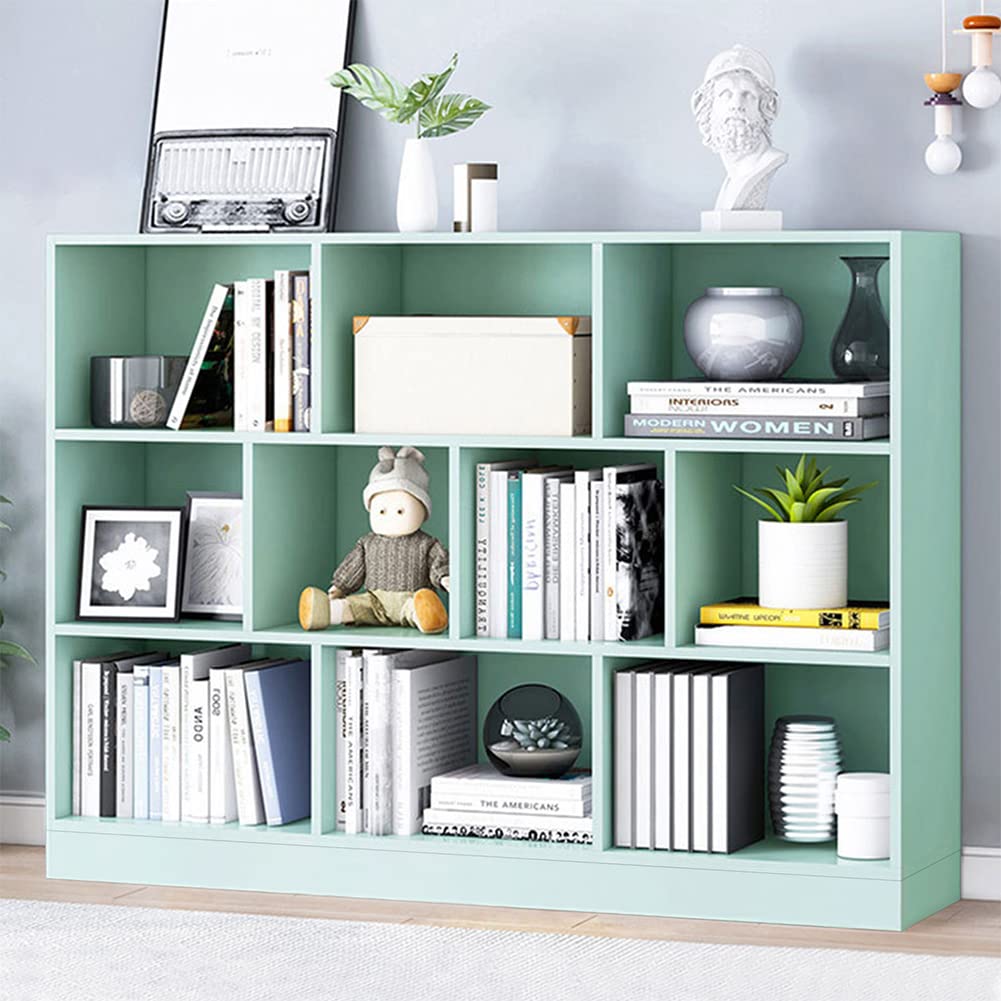 IOTXY 3-Tier Open Shelf Bookcase - Wooden Floor Standing Display Cabinet with Base, 10-Cube Short Horizontal Bookshelf in Tiffany Green - Perfect for Living Room, Bedroom & Office Storage Organization