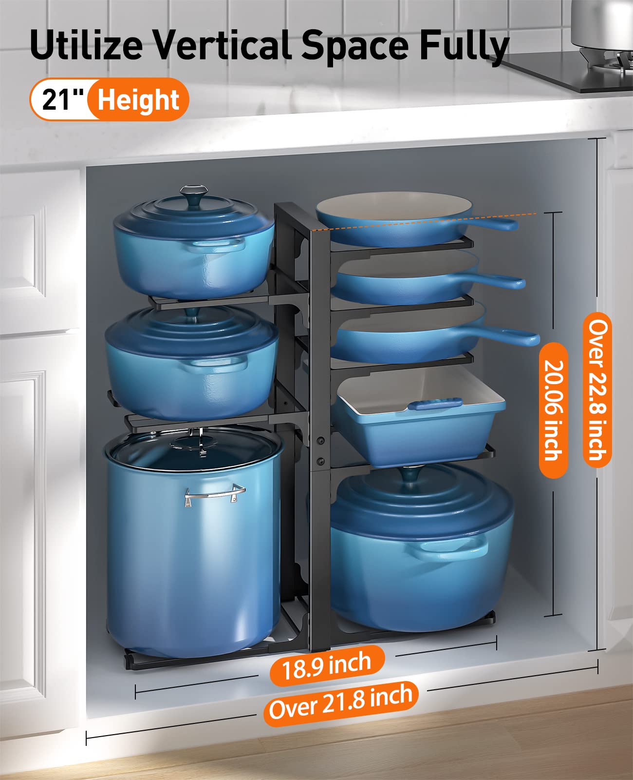 ORDORA Heavy Duty 8-Tier Adjustable Pots and Pans Organizer Rack - Under Cabinet Storage for Large Cookware (120LBS Capacity, 21