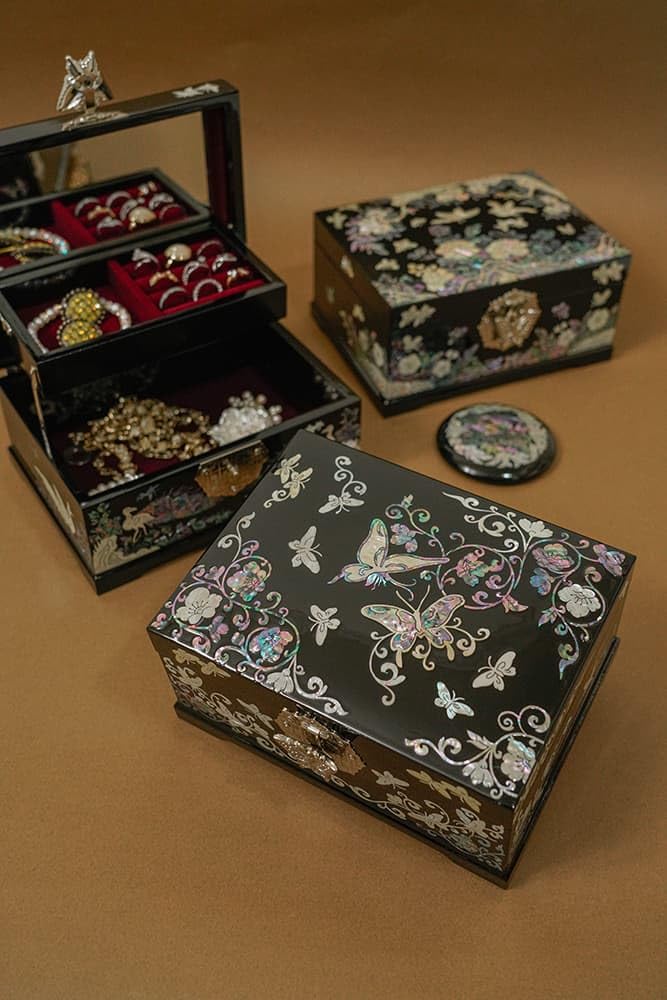 February Mountain Mother of Pearl Jewelry Box - 2-Layer Handmade Wooden Keepsake Box with Peacock Design, Perfect Gift for Women, Mom, Wife, Girlfriend, Sister - Butterfly & Moon Pattern for Jewelry Storage & Home Decor