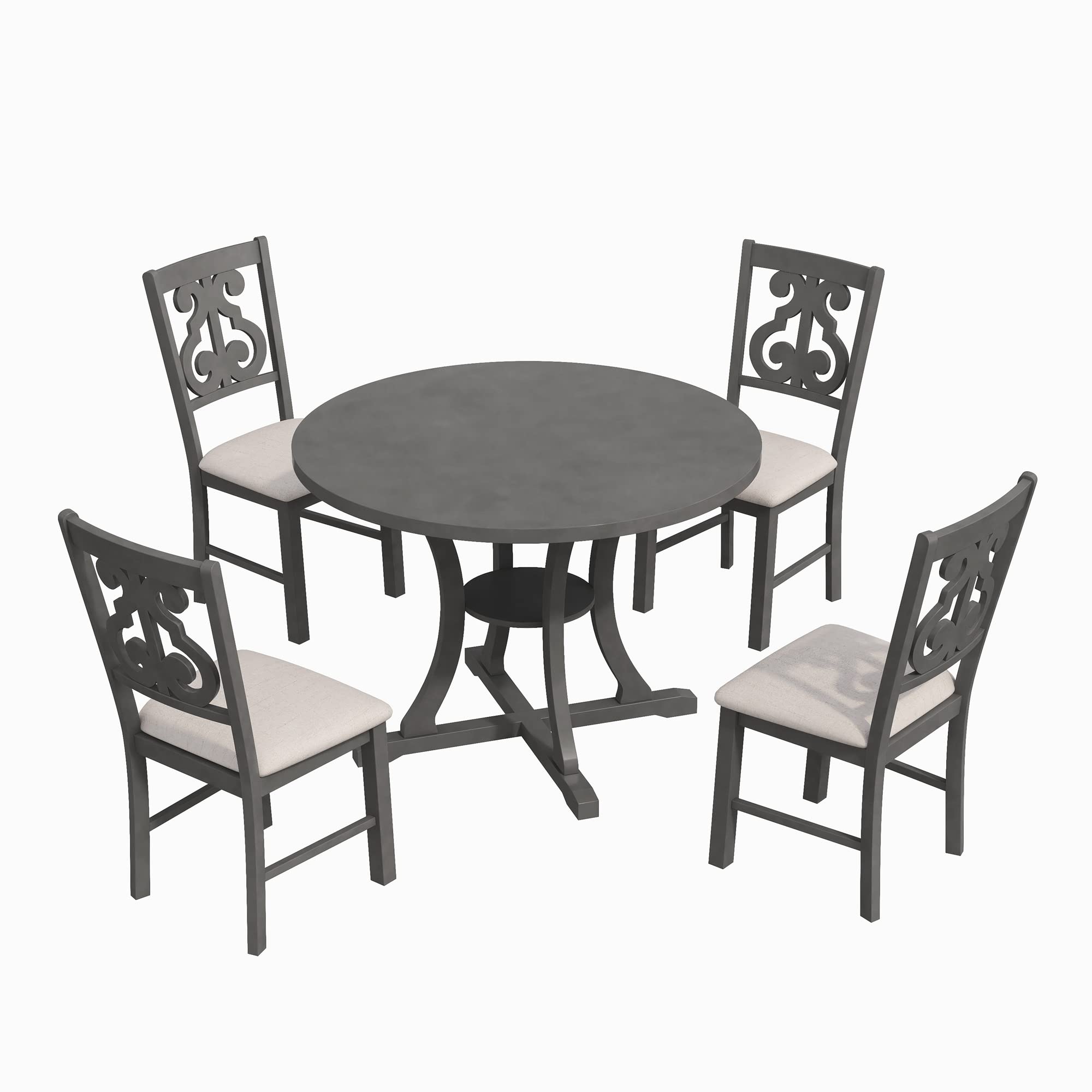 Polibi 5-Piece Round Wooden Dining Table Set with Unique Shaped Legs & 4 Elegant Hollow Back Chairs - Gray Modern Kitchen & Dining Room Furniture for Family Gatherings & Dinner Parties