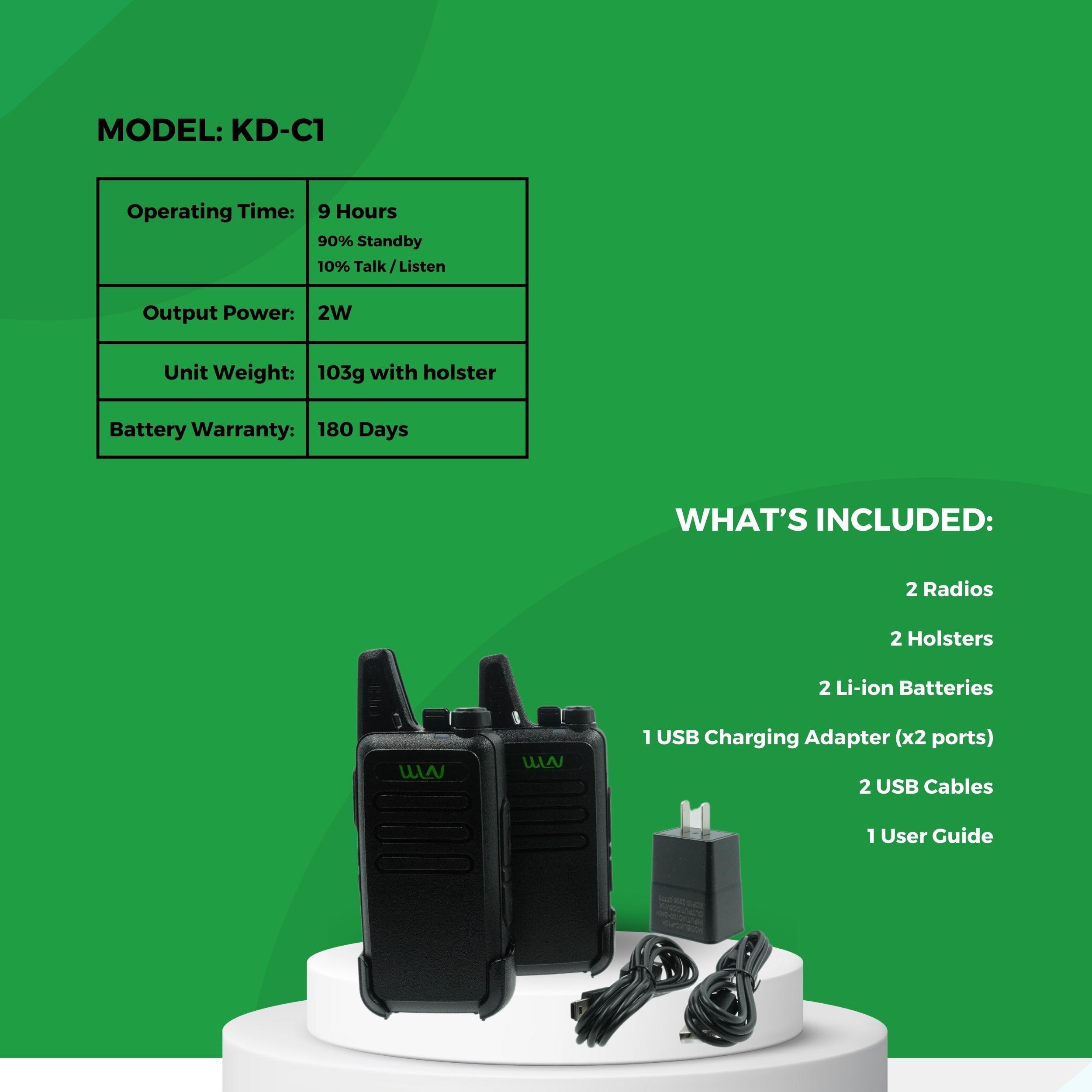 WLN KD-C1 16 Channel GMRS Two-Way Radio - 2 Pack - Long Range Walkie Talkies for Outdoor Adventures, Hiking, Camping & Emergency Communication
