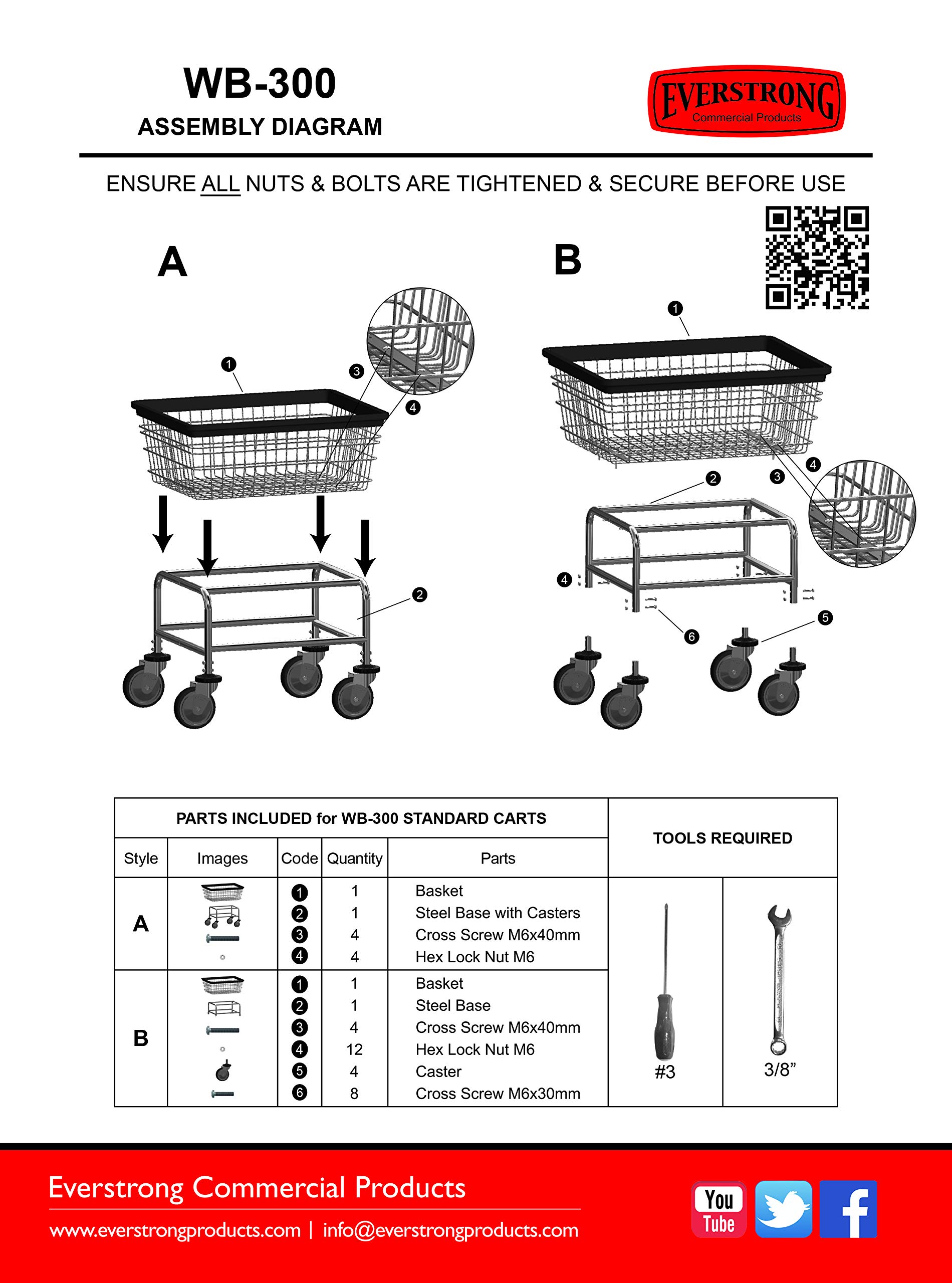WB 300 Everstrong Superior Wire Laundry Cart - 2.8 Bushel Capacity, Chrome Finish - Heavy Duty Rolling Hamper for Laundry Room, Dorm, Apartment & Commercial Use