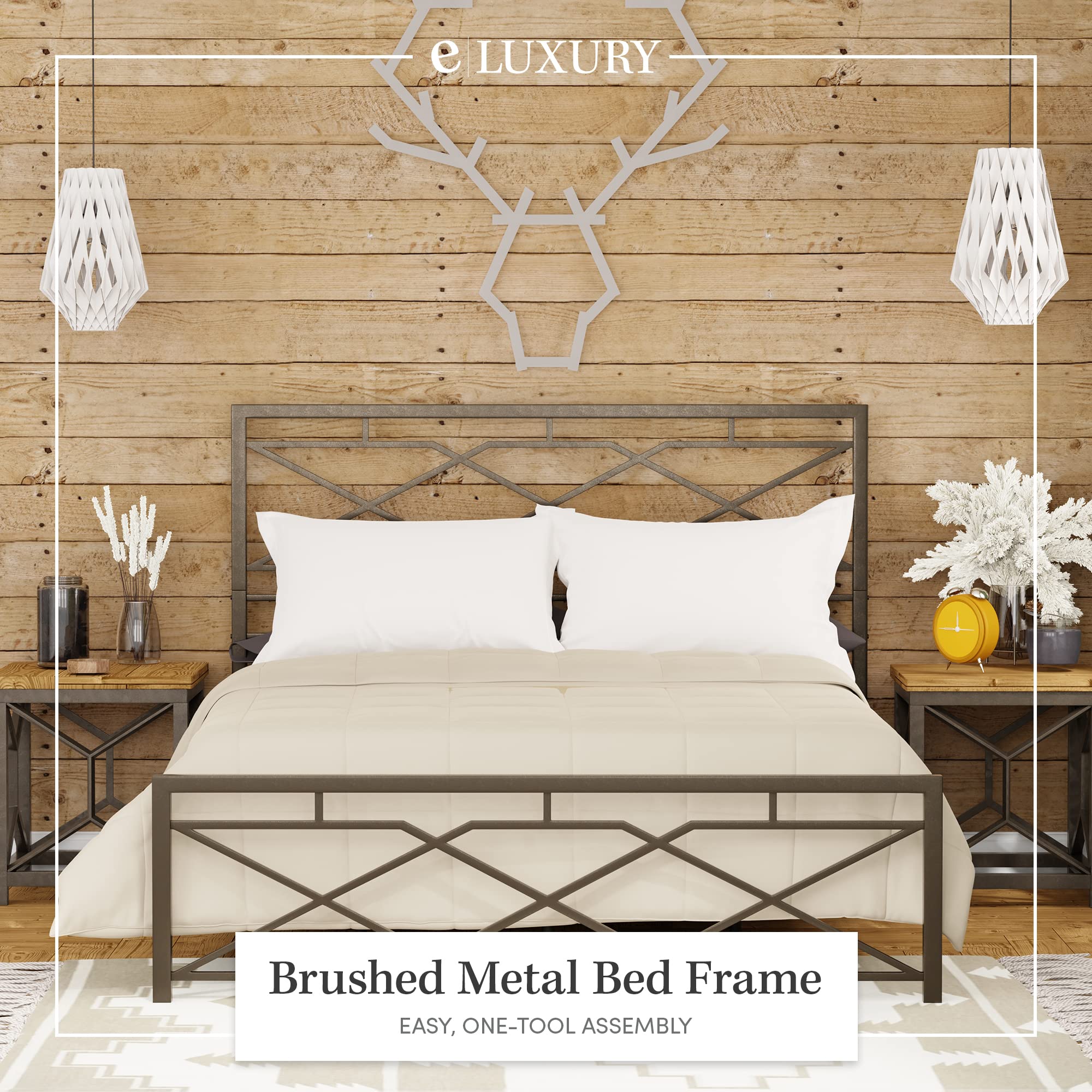 eLuxurySupply Metal SNAP Bed Frame - Carbon Steel Rustic Pewter Finish Folding Bed Frame with Headboard & Footboard - Easy Assembly Sturdy Steel Construction - California King Size Bed Base for Master Bedroom, Guest Room & Dormitory