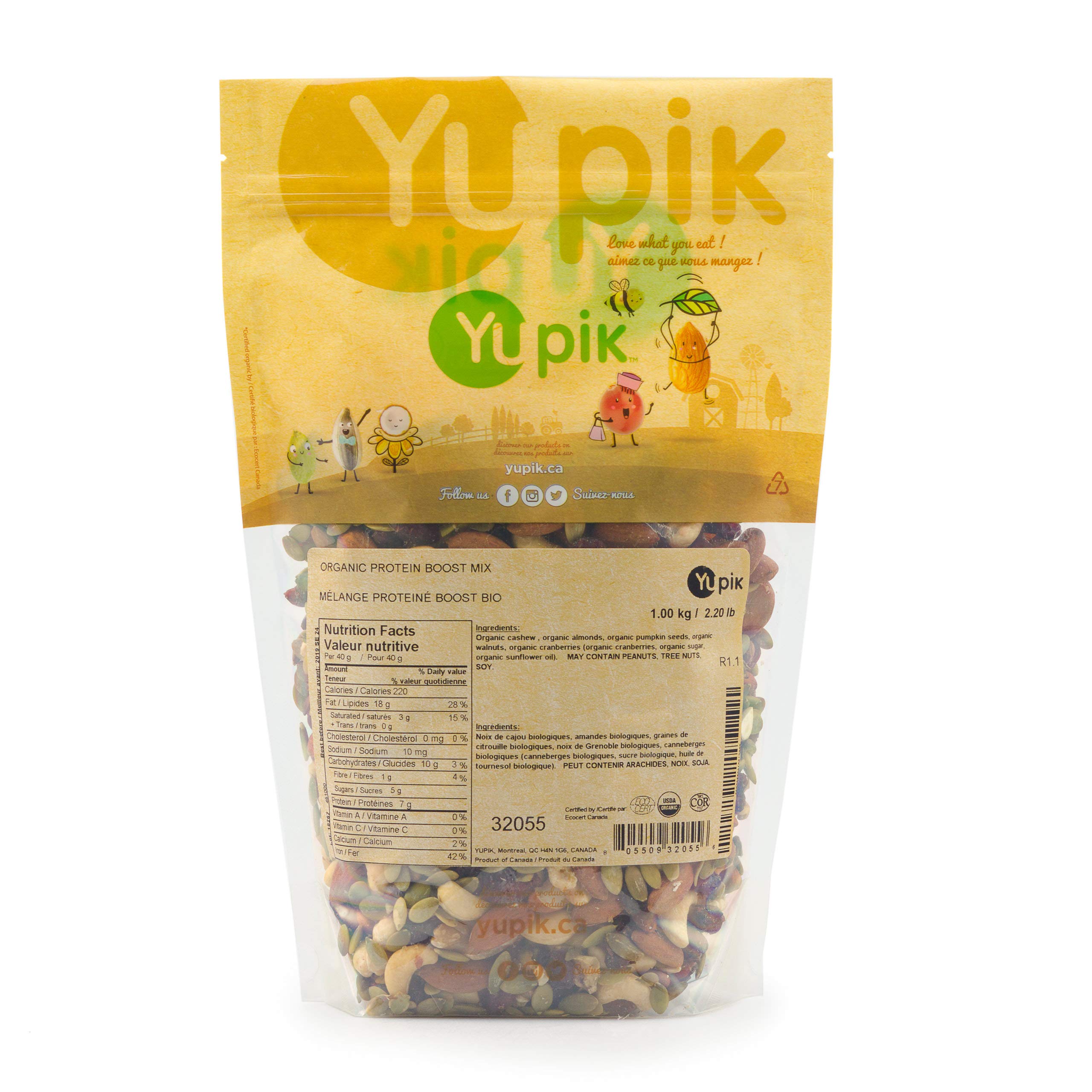Organic Protein Boost Mix by Yupik - 1kg Blend of Cashew, Almonds, Pumpkin Seeds, Walnuts & Cranberries | GMO Free, Gluten Free, Salt Free, Cholesterol Free | High in Fiber & Iron | Perfect for Smoothies, Baking & Healthy Snacking