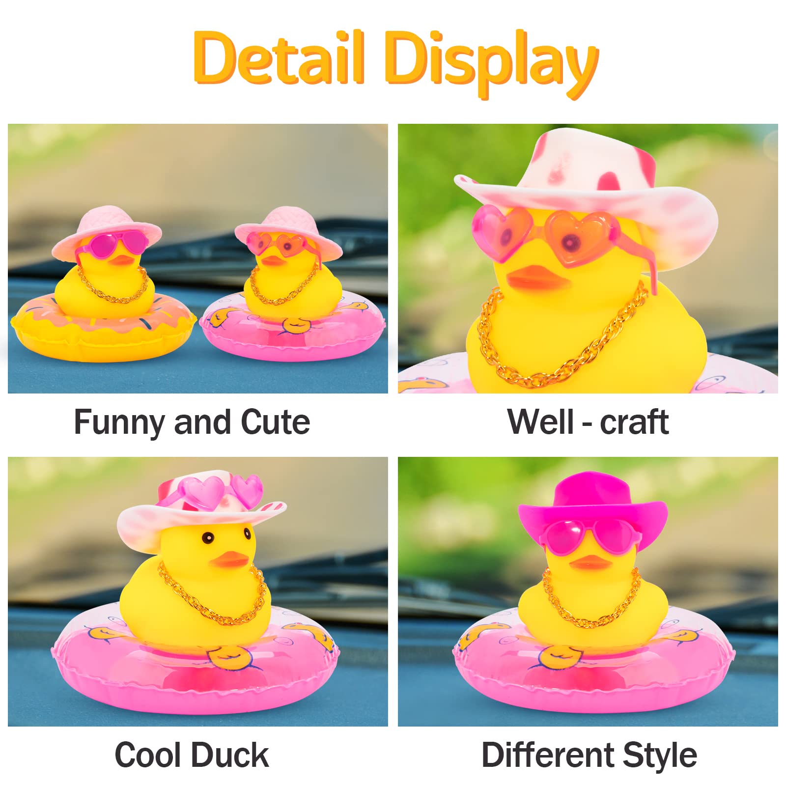Wonuu Rubber Duck Car Dashboard Decoration - Cute Mini Duck Ornament with Flower Hat, Swim Ring, Necklace & Sunglasses (Red Heart Glasses & Pink Spot Hat) - Fun Car Accessory for Dashboard Decor, Gift Idea