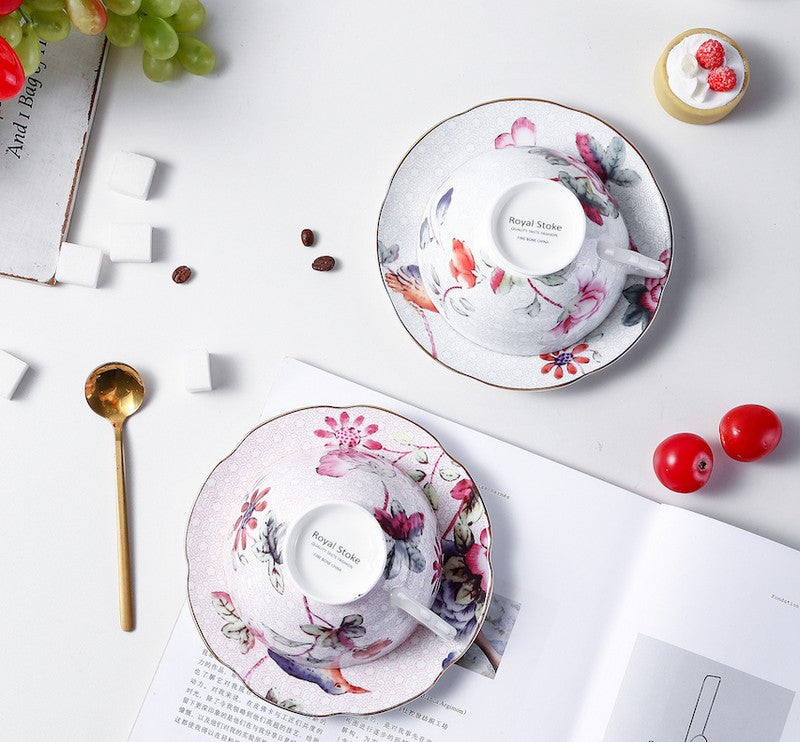 Elegant Ceramic Coffee Cups Set - Creative Bone China Porcelain Tea Cups with Saucers - British Floral Design for Home, Office & Gifts - Perfect for Afternoon Tea, Coffee Break & Decor