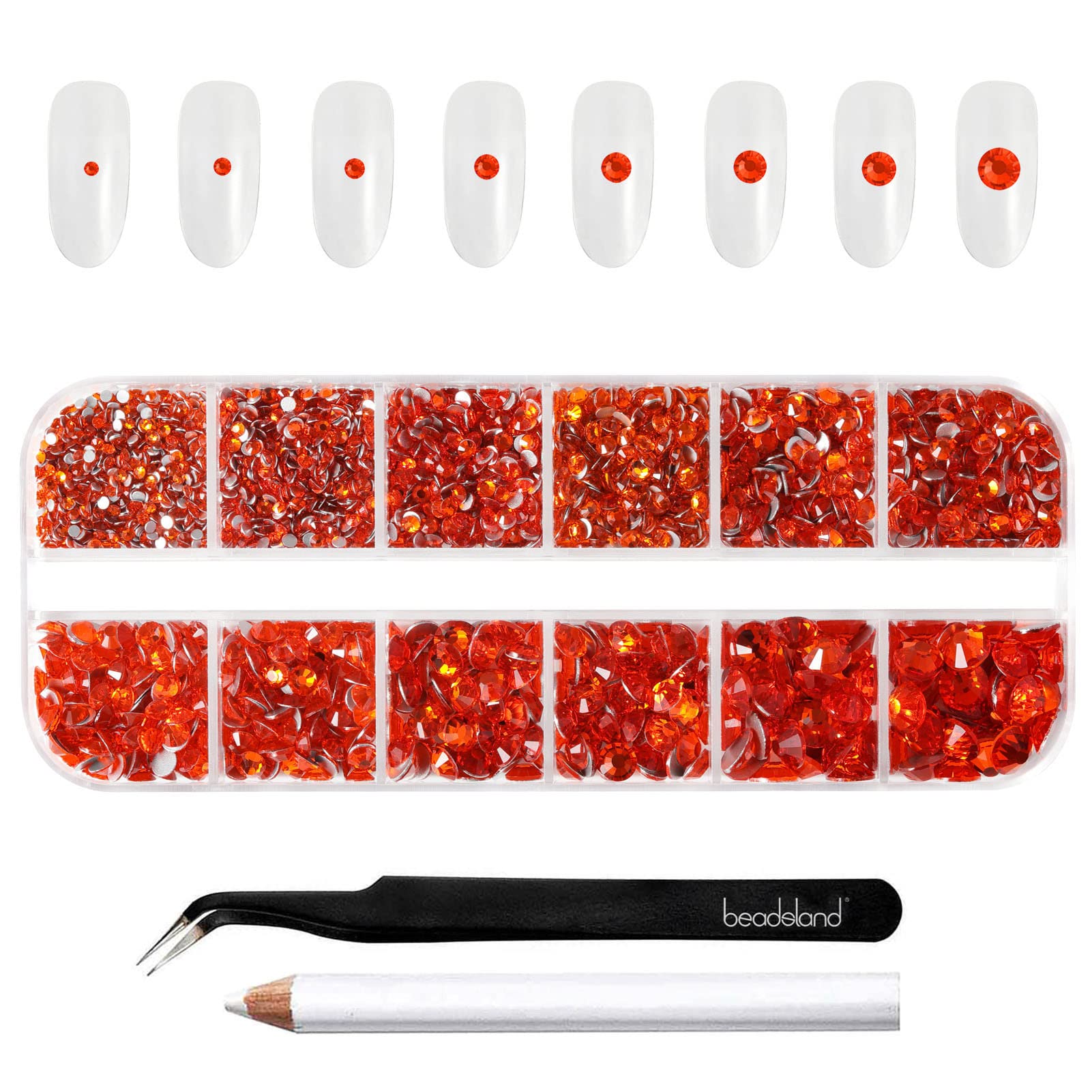 Beadsland 2500pcs Orange Flatback Rhinestones for Nails, Makeup & Crafts - 8 Sizes (SS4-SS30) with Tweezers & Wax Pencil - Perfect for DIY Nail Art, Eye Makeup Gems, and Creative Jewelry Designs