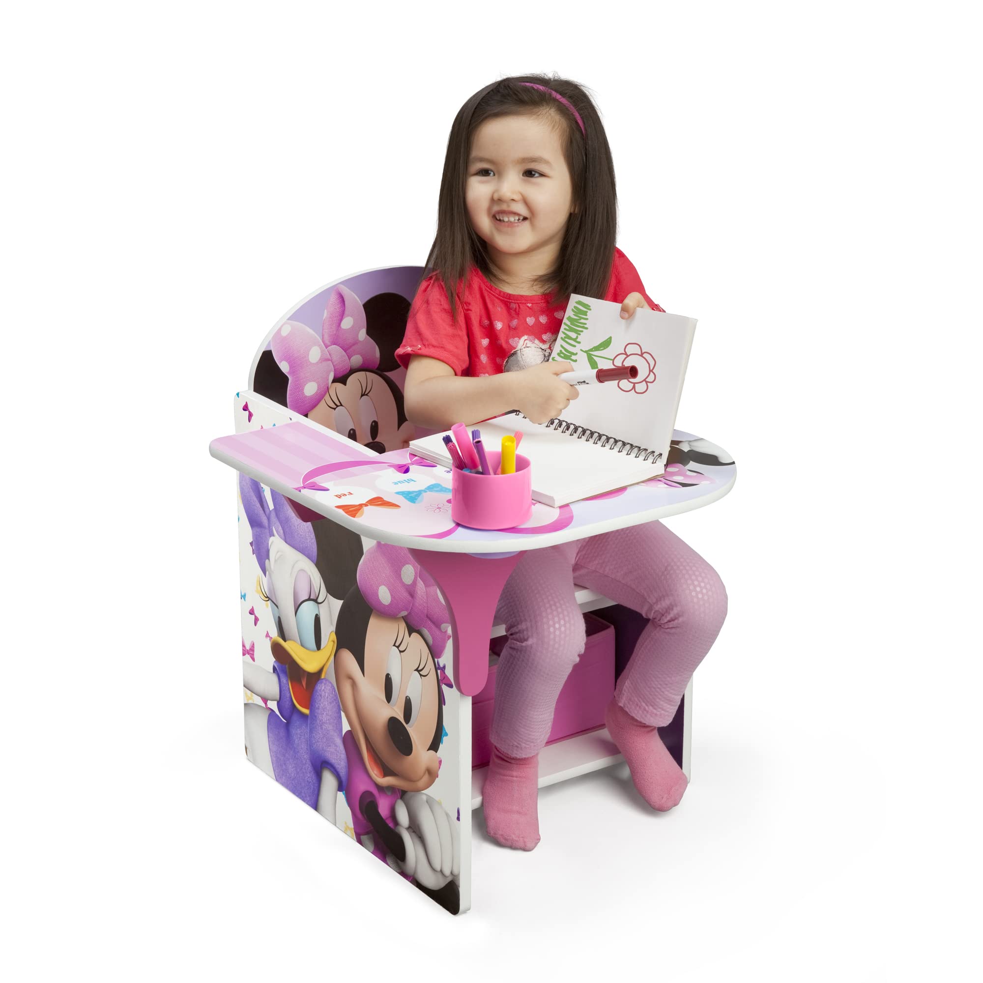Delta Children 6-Bin Toy Storage Organizer with Disney Minnie Mouse Chair & Desk - Kids Playroom Organization Solution for Toys, Books & Art Supplies