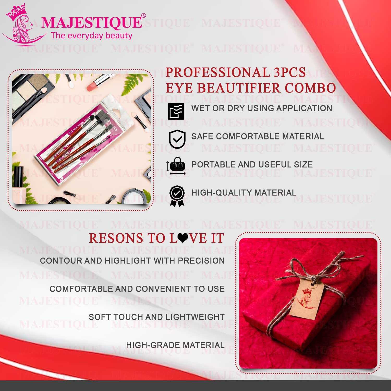 Majestique Professional Eye Makeup Brush Set - 4-Piece Synthetic Eyeliner, Eyeshadow & Grooming Kit for Women & Girls (Red/Silver) | Perfect for Daily Makeup, Salon Use & Travel