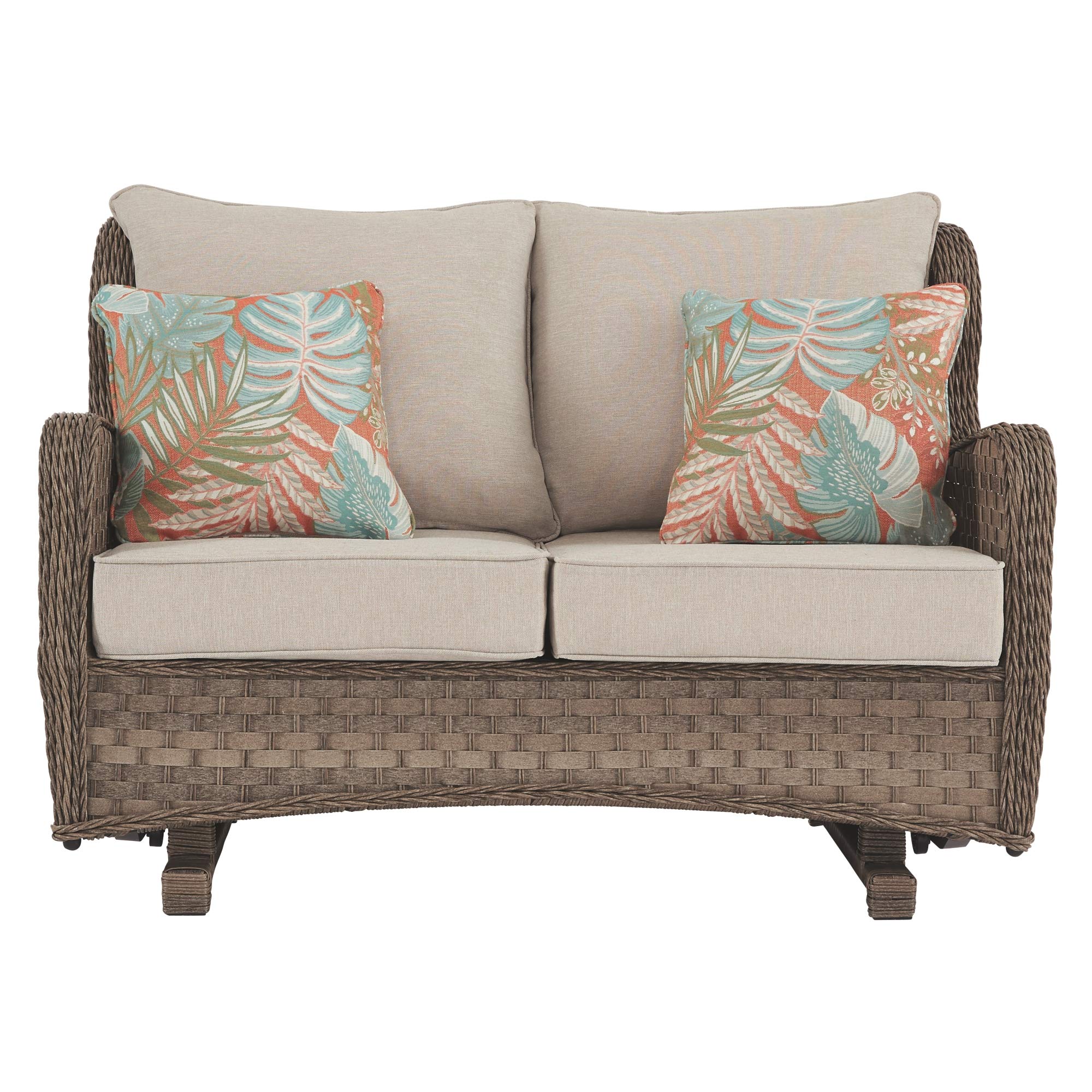 Signature Design by Ashley Clear Ridge Outdoor Handwoven Wicker Loveseat Glider with Cushions & 2 Throw Pillows, Light Brown - Perfect for Patio, Garden, or Poolside Relaxation