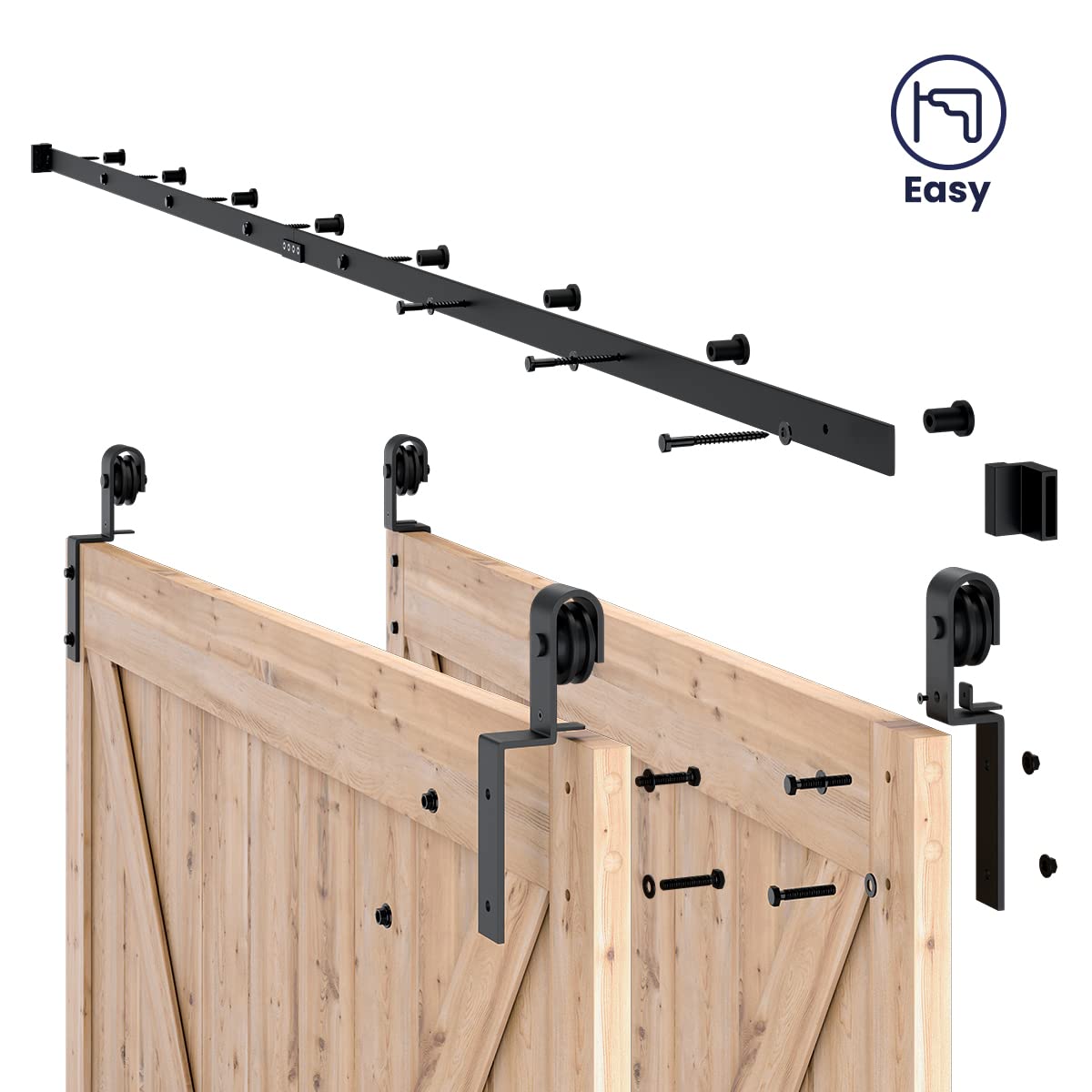 SMARTSTANDARD 12 Feet Bypass Sliding Barn Door Hardware Kit for Double Wooden Doors - Single Track System - Smooth Quiet Operation - Easy Installation Fits 132