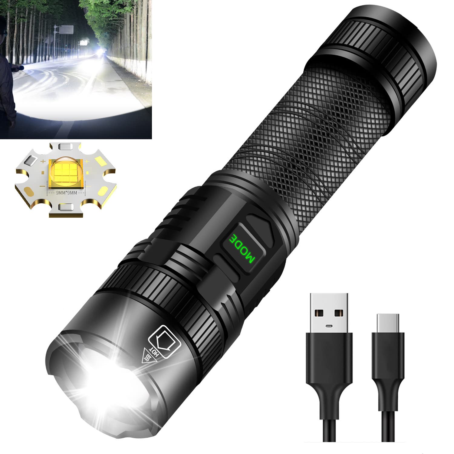 Rechargeable LED Flashlight 90,000 Lumens Super Bright - 5 Modes Zoomable Waterproof XHP90.2 Tactical Flashlight for Emergency, Camping, Hiking, Outdoor Adventures & Power Outages