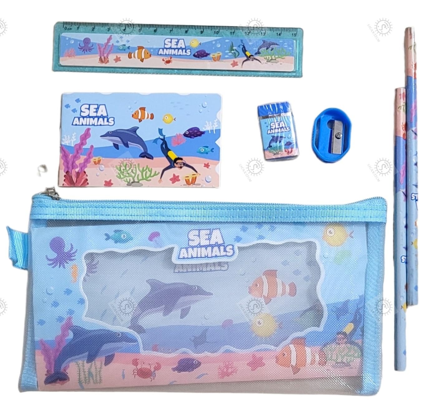 Shaktism Girls Stationery Set - Pencil Box, Wallet, Eraser & Sharpener Kit | School Supplies for Kids | Perfect Return Gift for Boys & Girls | Ocean Animal Theme | Ideal for Classroom, Homework & Birthday Parties