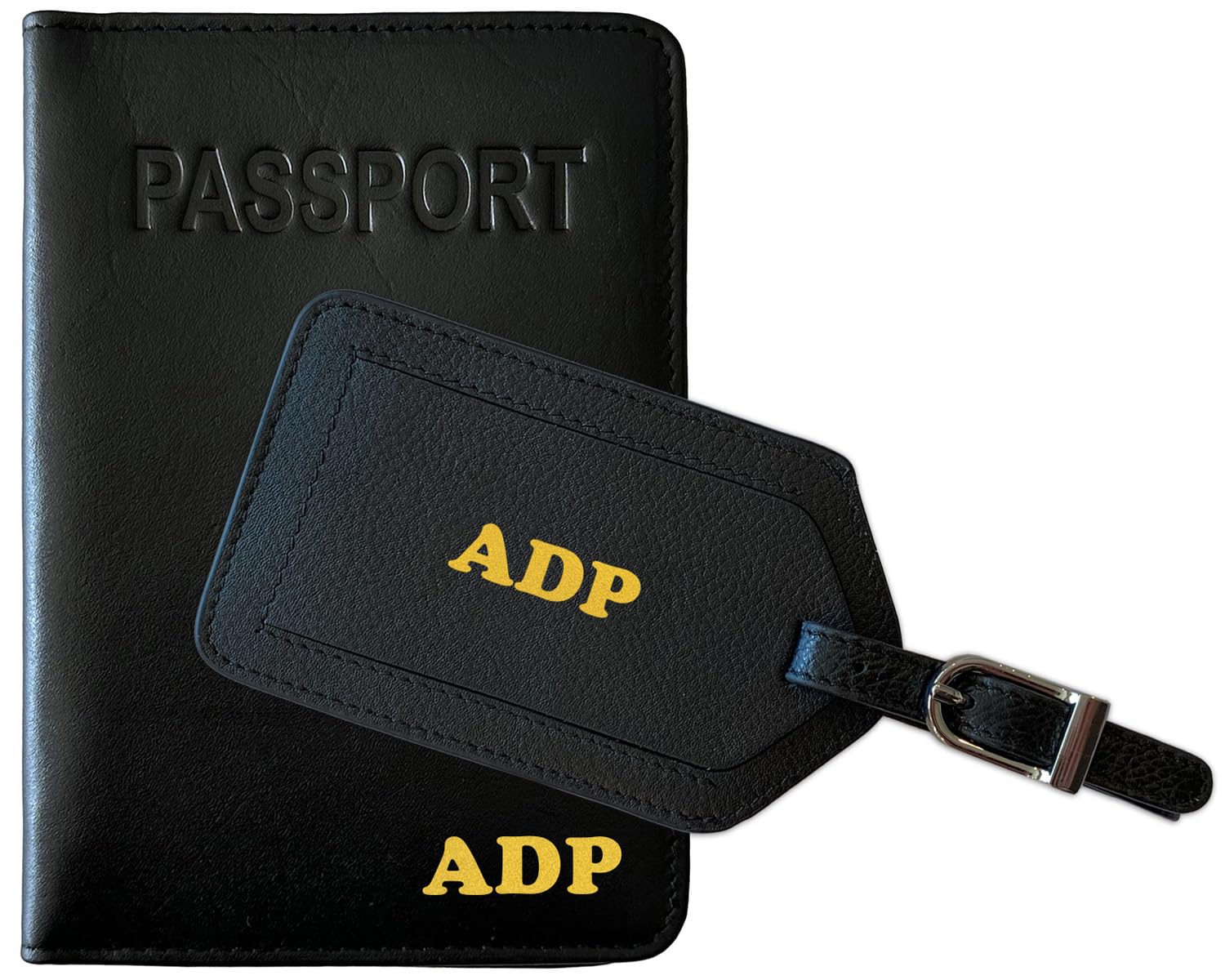 Personalized Monogrammed Black Leather RFID Passport Cover Holder & Luggage Tag Set - Travel Essentials for International Flights & Business Trips