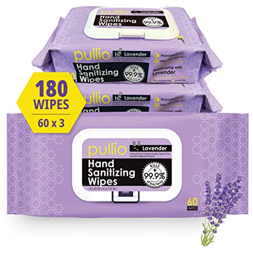 Pullio Extra Thick & Durable Hand Wipes - Lavender, Citrus, Peppermint & Aloe Scented | 60 Count Family Pack (Pack of 3) | Perfect for Travel, Camping, Baby Care & Home Use