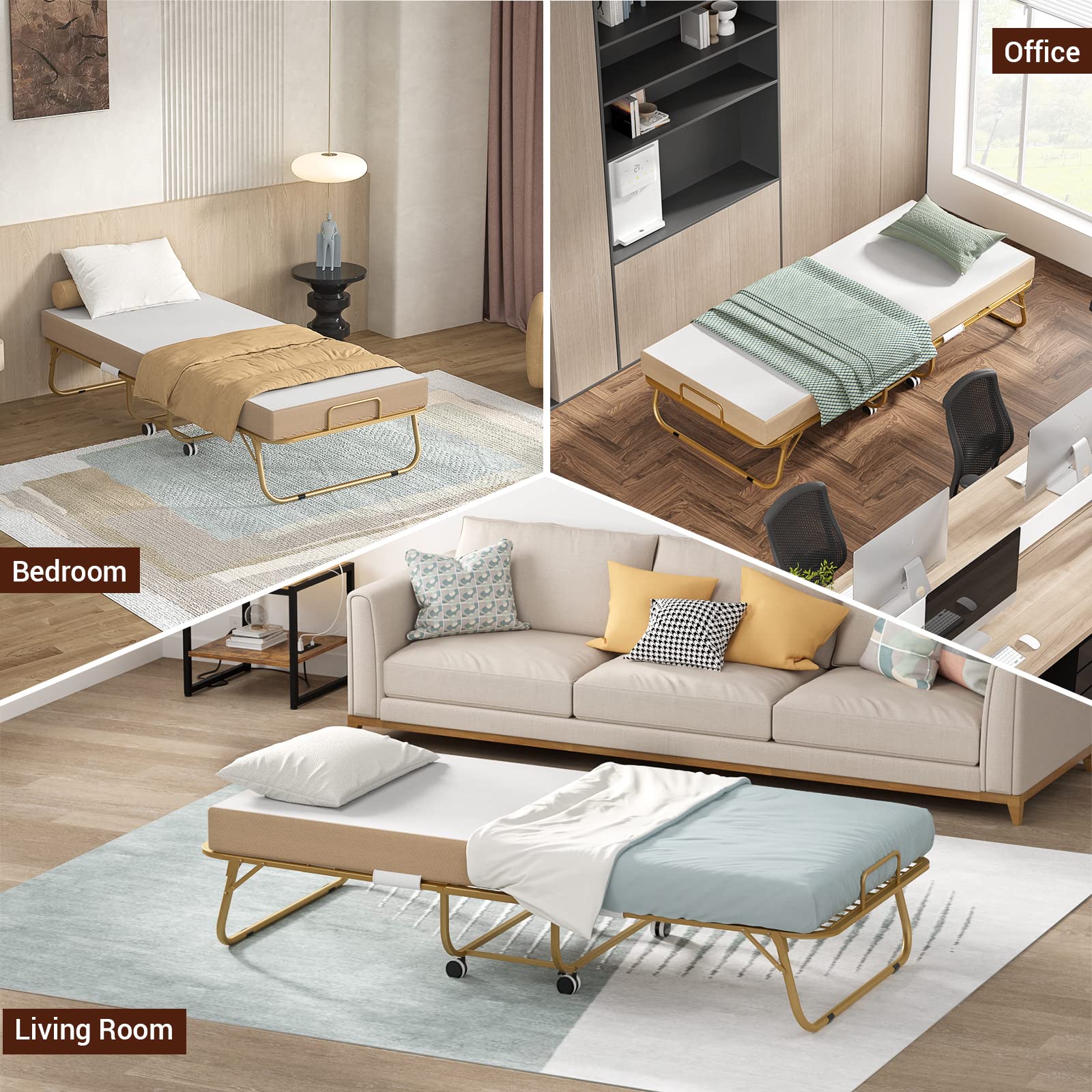 Homieasy Folding Bed with Memory Foam Mattress - Portable Rollaway Guest Bed for Adults, 75” x 31” Cot Size with Metal Frame & Storage Cover - Gold Luxury Wheels | Perfect for Spare Rooms, Camping & Office Naps