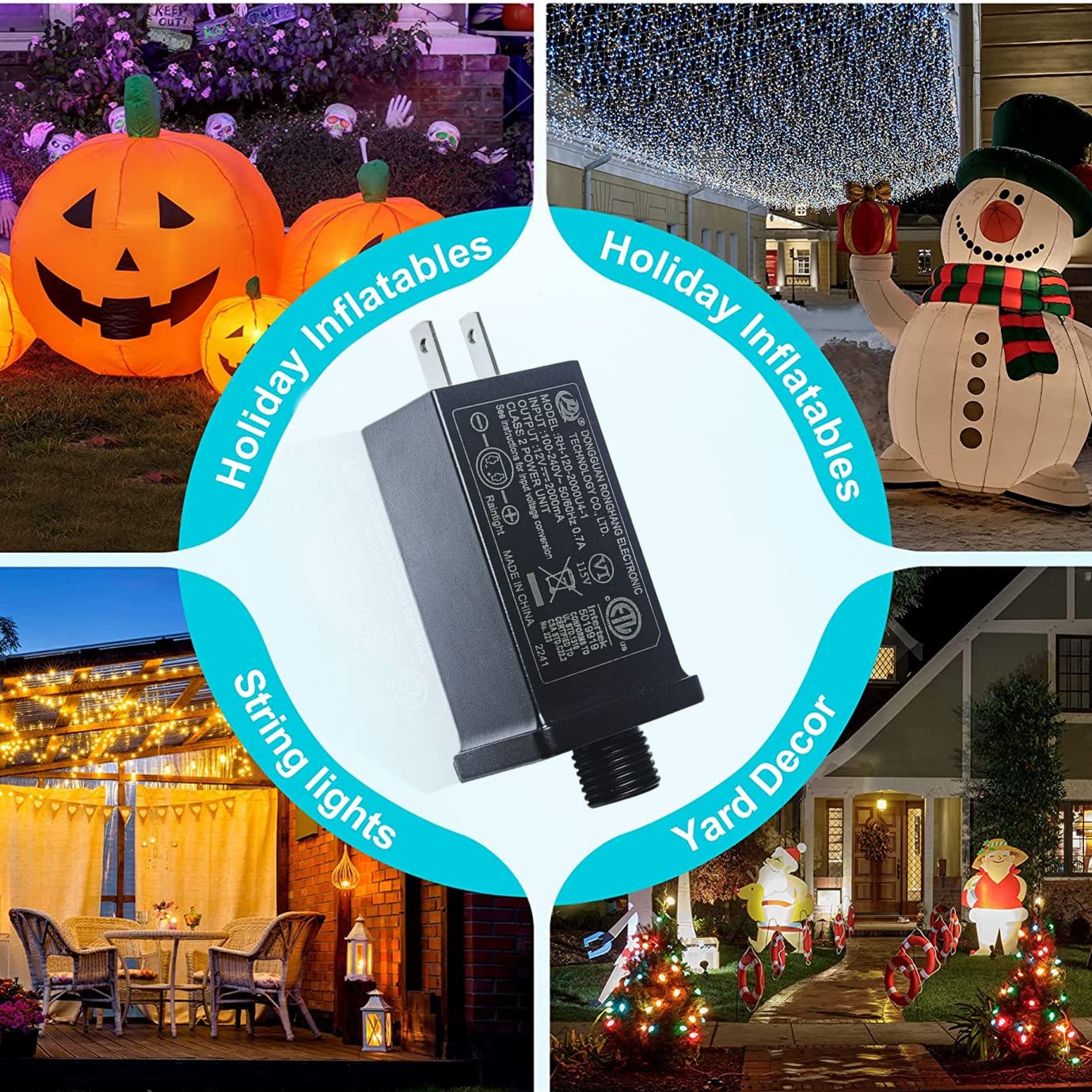 12V 2A LED Power Supply Adapter - Replacement Transformer for Christmas String Lights, Yard Inflatable Decorations, Fountain Lights & Outdoor LED Devices - Perfect for Holiday Decorations, Garden Lighting & Inflatable Displays (R12V2A)