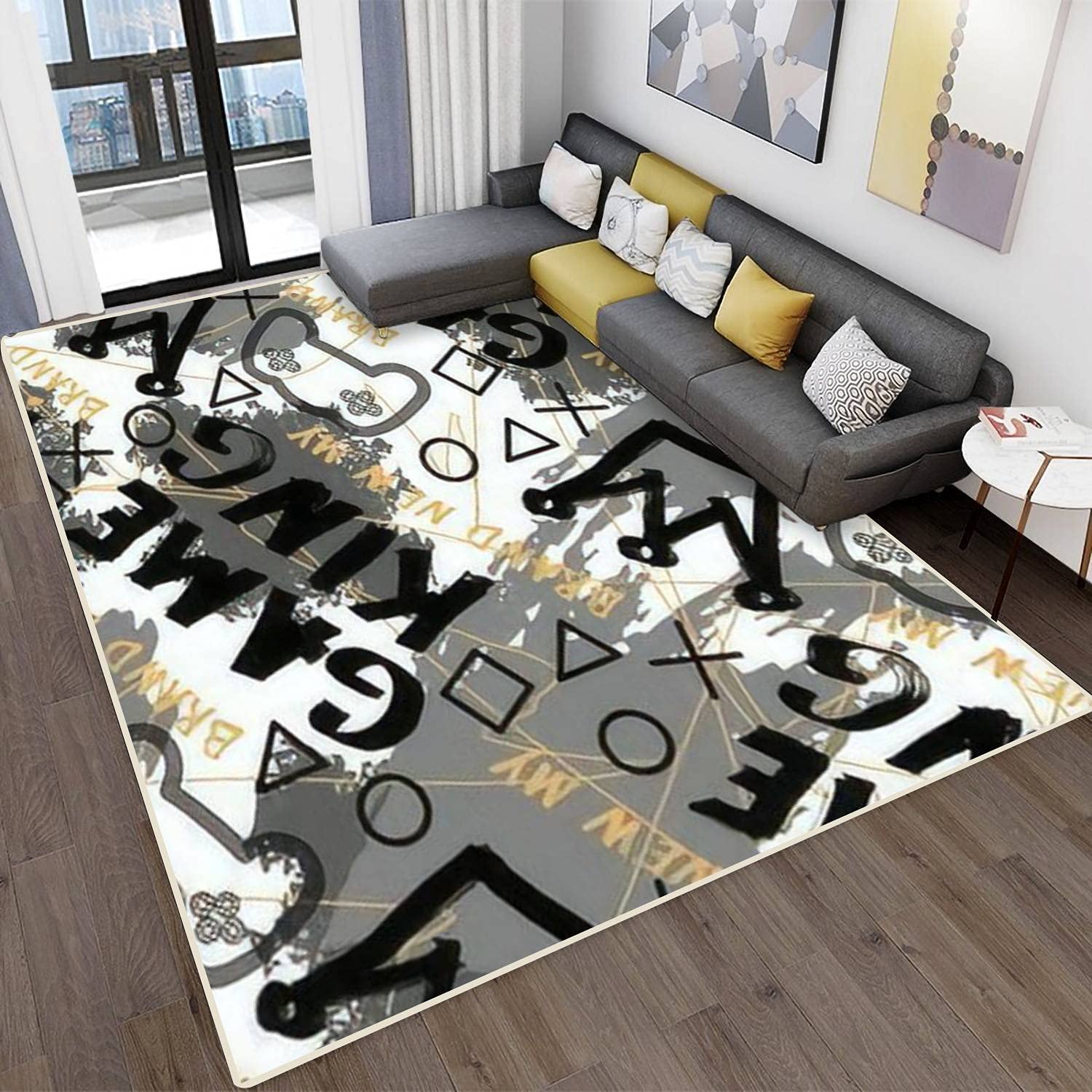 Modern Abstract Area Rugs - Stain Resistant Graffiti Style Carpet for Living Room, Bedroom, Kitchen & Bathroom - Seamless Rectangular Home Decor Mat with Gamepad Pattern - Perfect for Gaming Rooms, Dorm Decor and Cozy Spaces