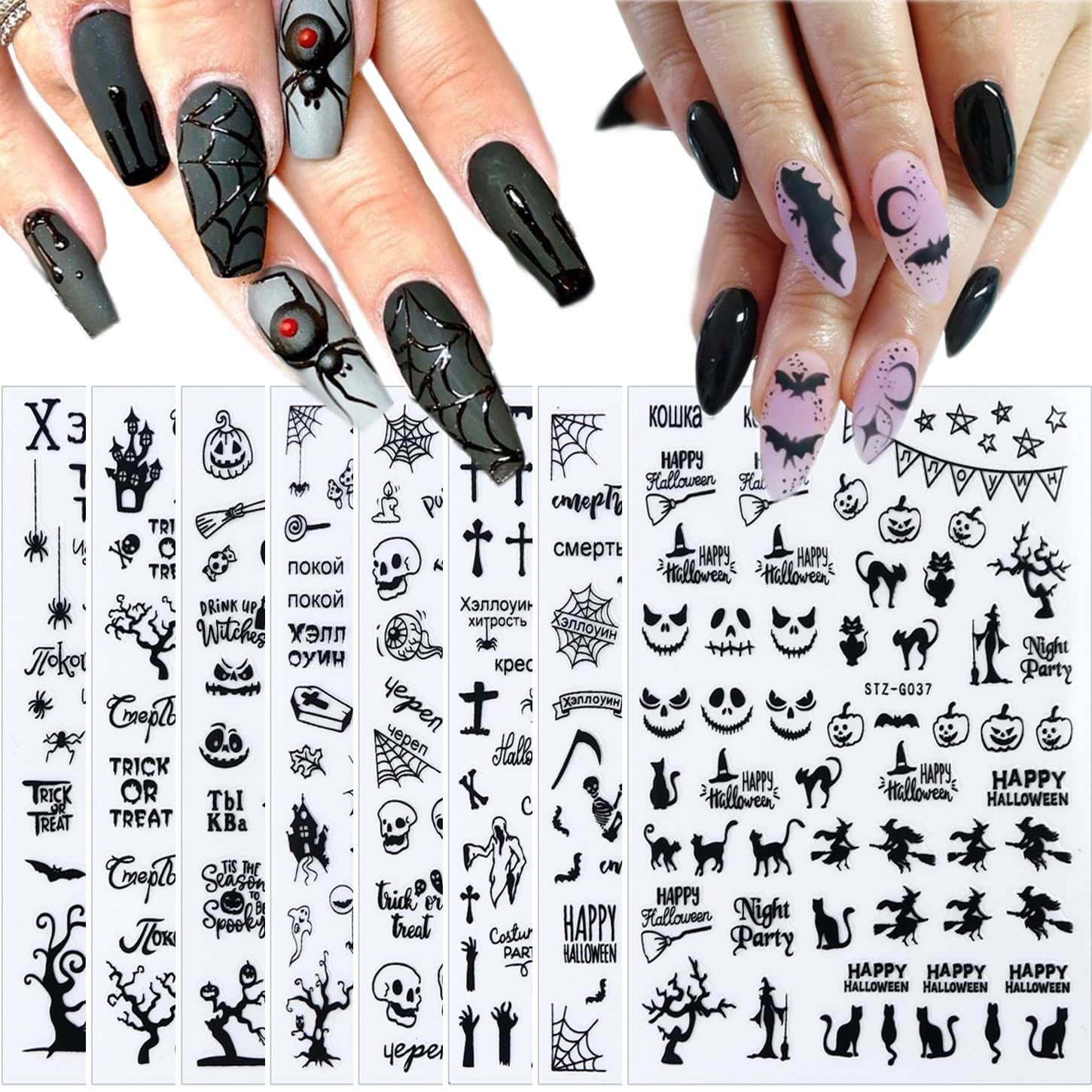 3D Halloween Nail Art Stickers - Black Horror Ghost, Skull, Spider & Bat Nail Decals for Halloween Party Nail Decorations | Perfect for Costume Parties, Trick-or-Treating & Spooky Nail Designs