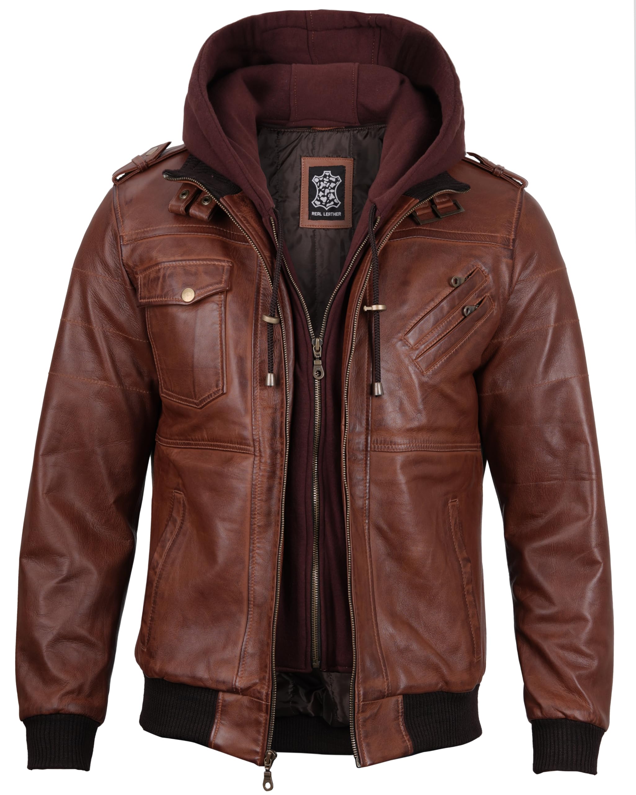 Genuine Leather Bomber Jacket for Men - Motorcycle & Casual Wear with Removable Hood - Perfect for Riding, Travel & Everyday Fashion