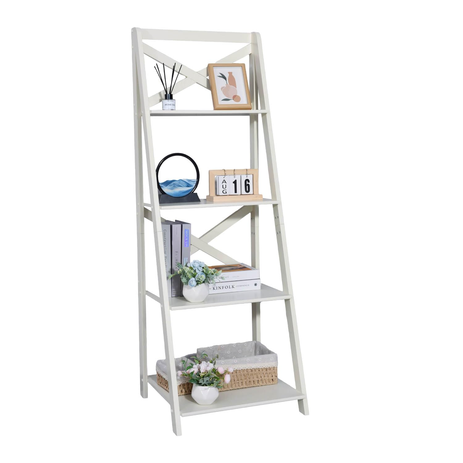 4-Tier Ladder Bookshelf - Tall Standing Wooden Display Shelf for Living Room, Bedroom, Office | Leaning Bookcase & Plant Shelf for Home Decor & Storage