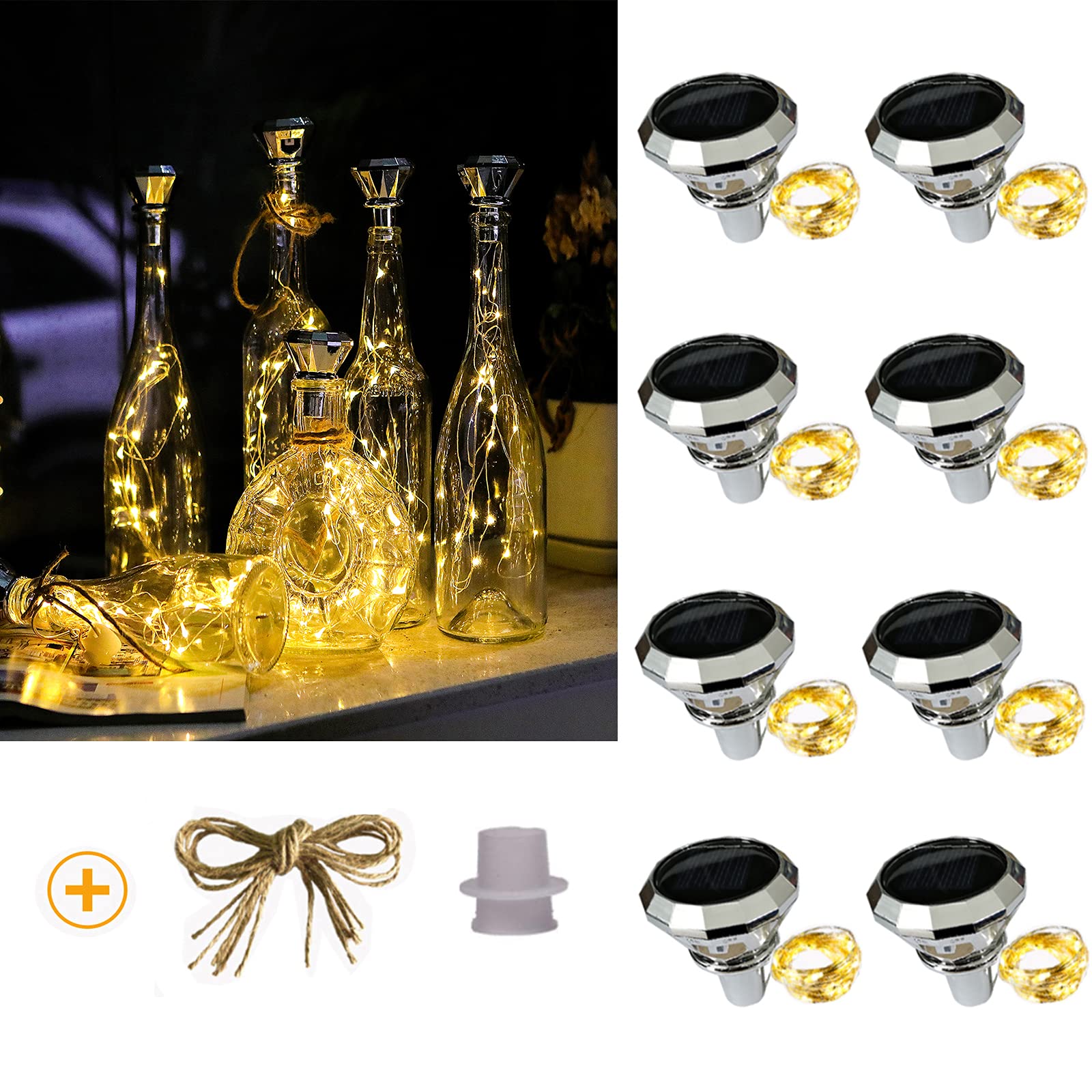 Solar Diamond Wine Bottle Lights - 8 Pack 20 LED Fairy Lights for Wedding Party Decor, Outdoor Waterproof - Perfect for Garden & Home Decor