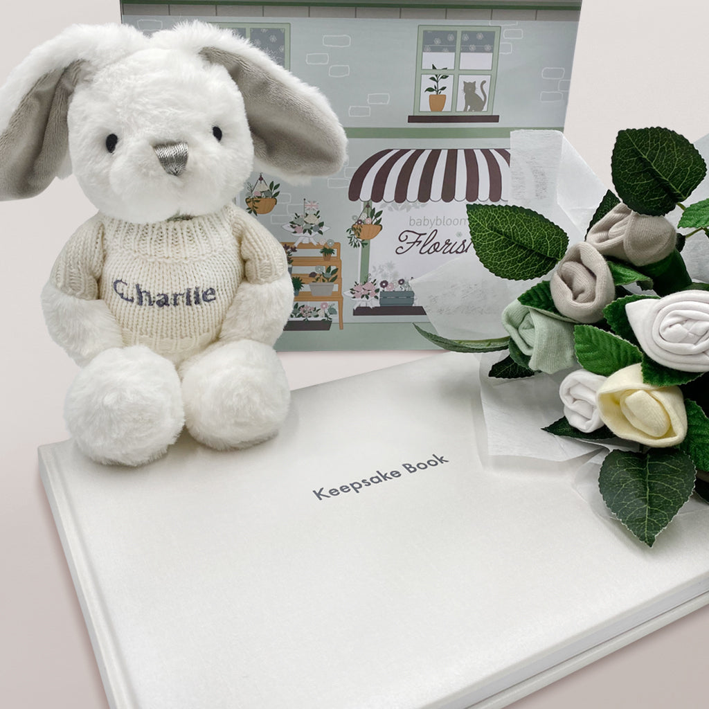 Personalized Baby Blessing Keepsake Gift Set with Adorable Gray Bunny Plush - Perfect for Christening, Baptism, Newborn Gifts & Nursery Decor