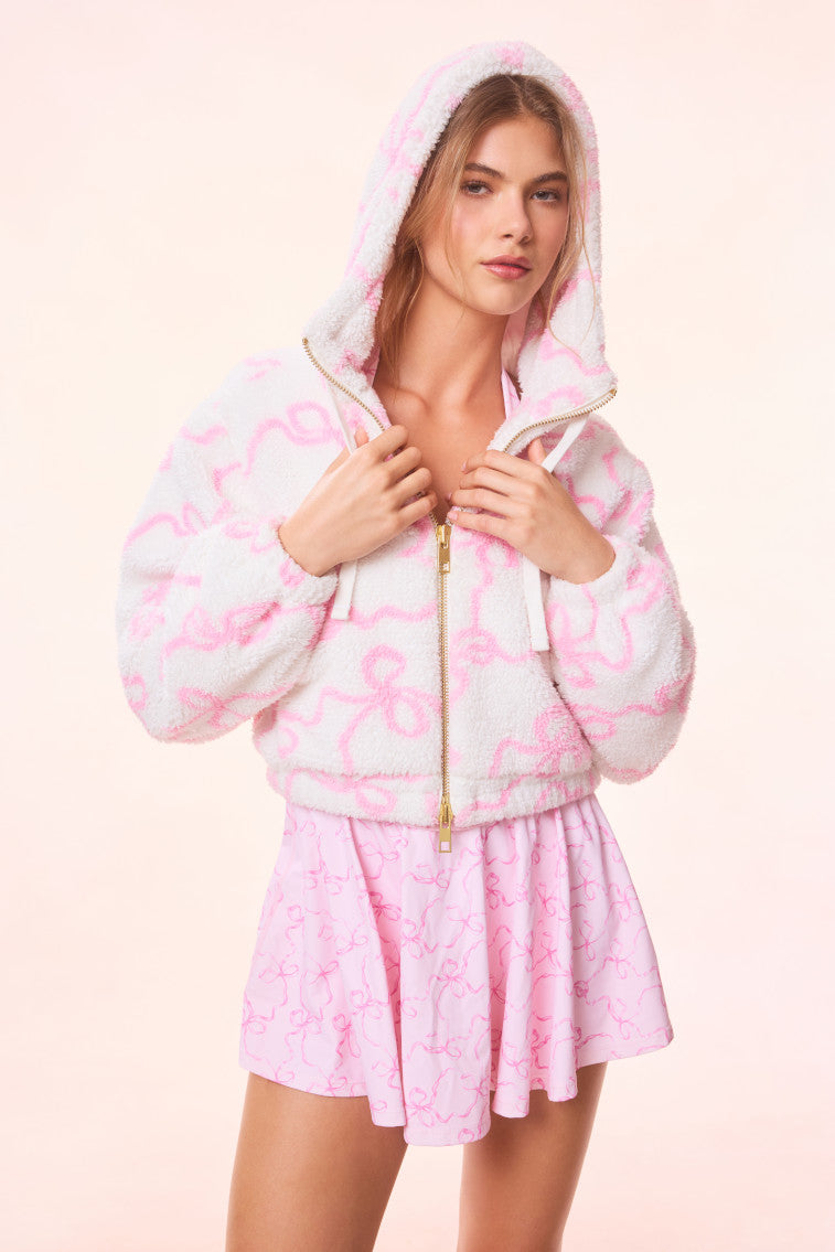 Darcelle Bow Print Teddy Bomber Jacket - Women's Fashion Cozy Outerwear for Fall & Winter | Perfect for Casual Outfits, Dates, and Street Style