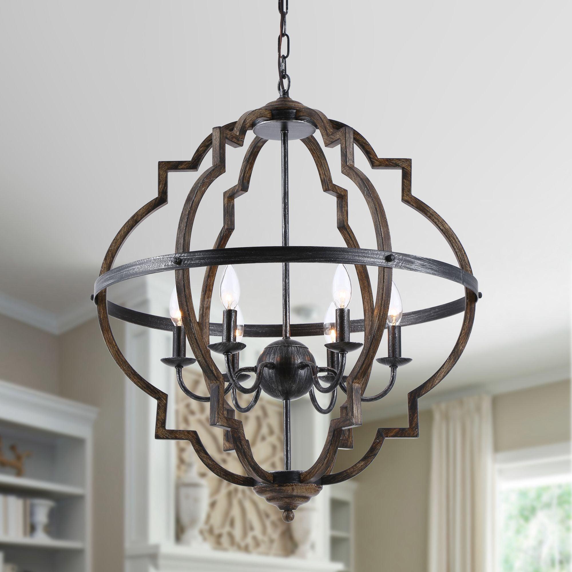 Cambon 6-Light Distressed Black & Brushed Wood Geometric Lantern Chandelier - Perfect for Farmhouse Dining Room, Rustic Kitchen Island, or Entryway Lighting