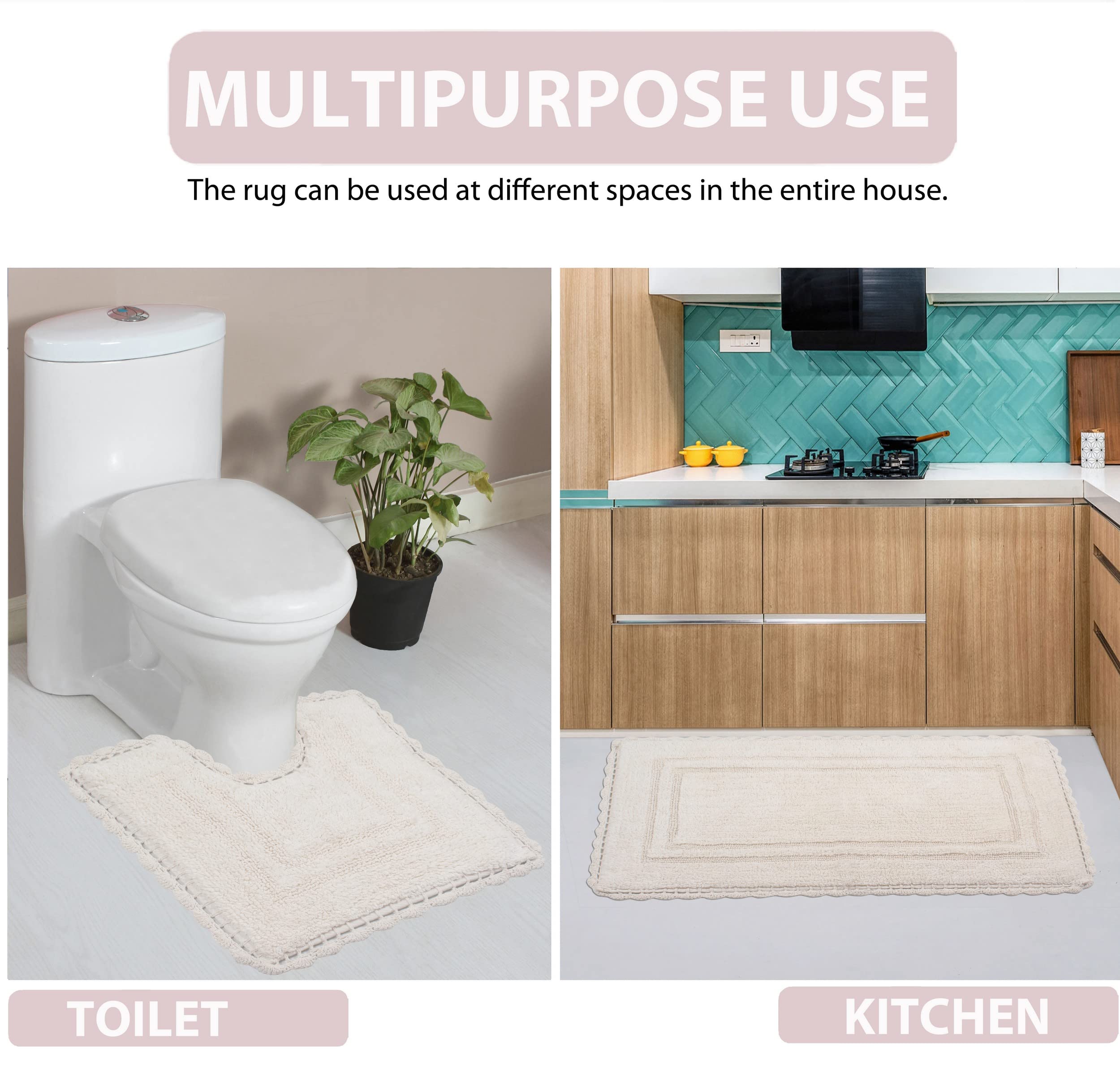 Home Weavers Reversible Cotton Bath Mat Set - 100% Soft & Absorbent Non-Slip Bathroom Rug (17x24 Inch, Ivory) | Washable Kitchen & Bath Mats for Elegant Home Decor - Perfect for Bathrooms, Showers & Vanity Areas