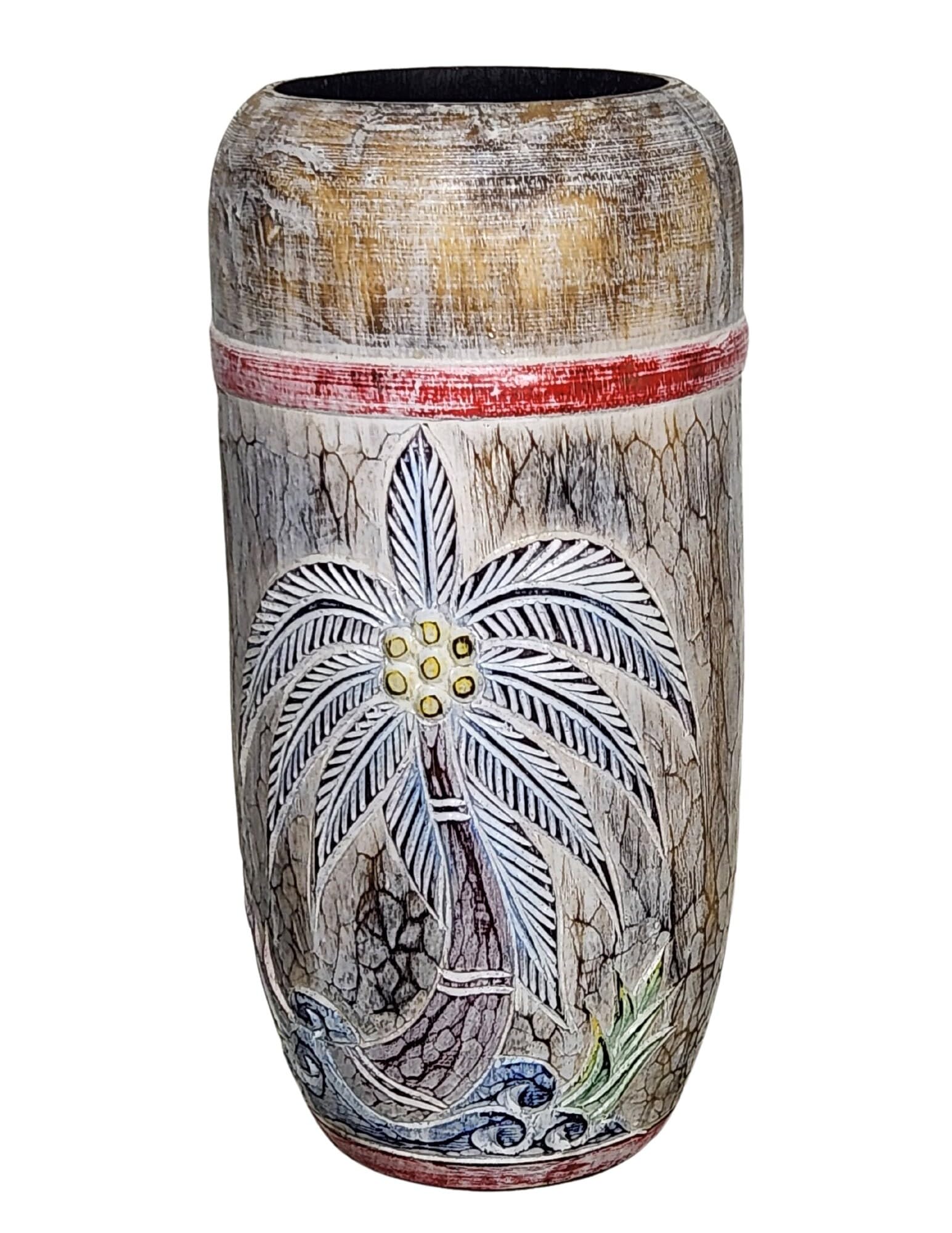 Hand Carved Unique Wooden Nautical Palm Tree Vase & Umbrella Holder - Tropical Coastal Decor for Beach House, Living Room, or Patio