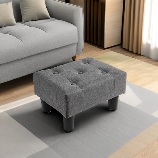 Poofzy Small Foot Stool Ottoman with Legs - Gray Linen Rectangle Foot Rest for Couch, Living Room & Entryway - Perfect for Relaxing, Reading & Home Decor
