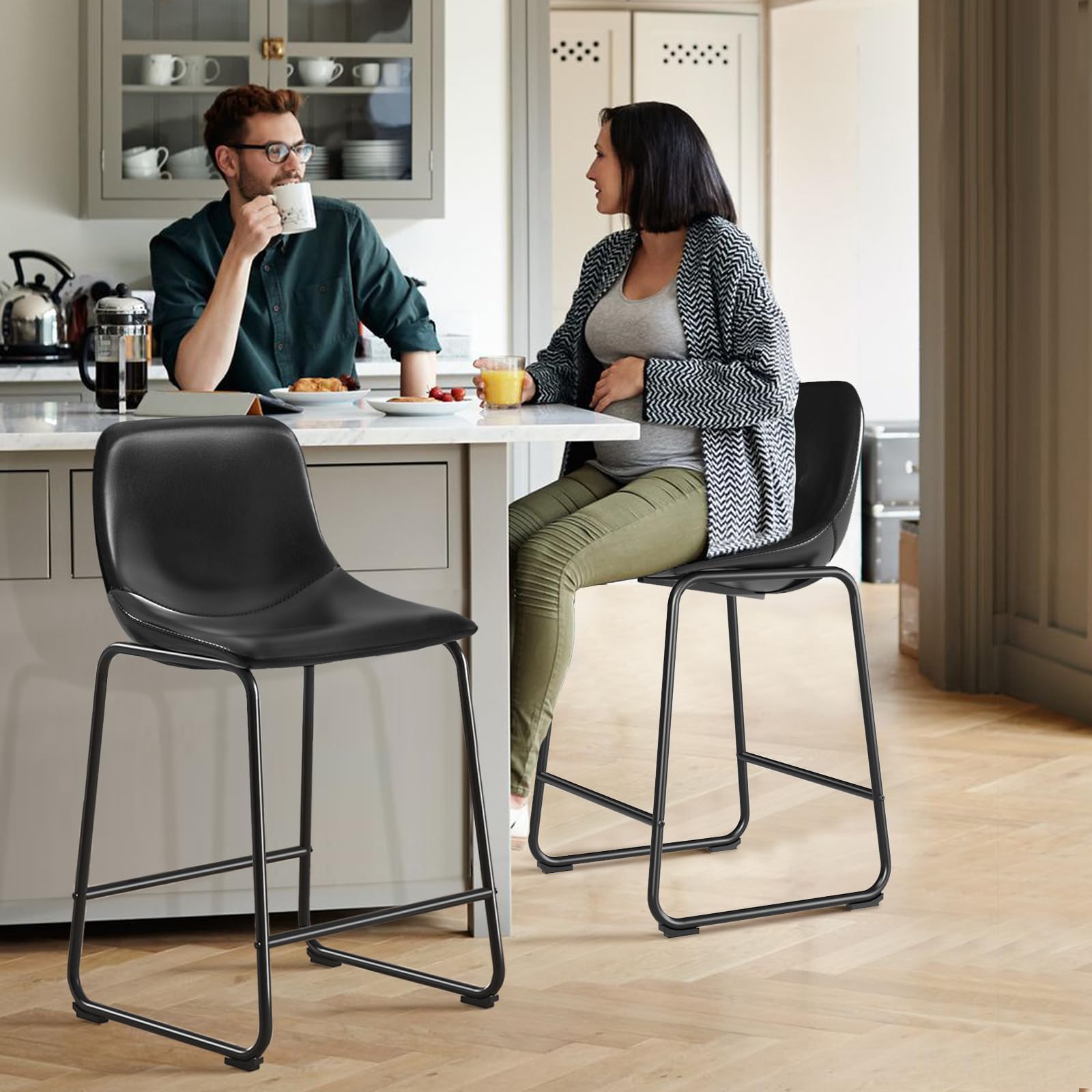 Modern Black Counter Height Bar Stools Set of 3 - Armless Kitchen Island Chairs with Back Support & Sturdy Metal Legs - Perfect for Home Bars, Kitchen Islands, Coffee Shops and Restaurant Dining Areas