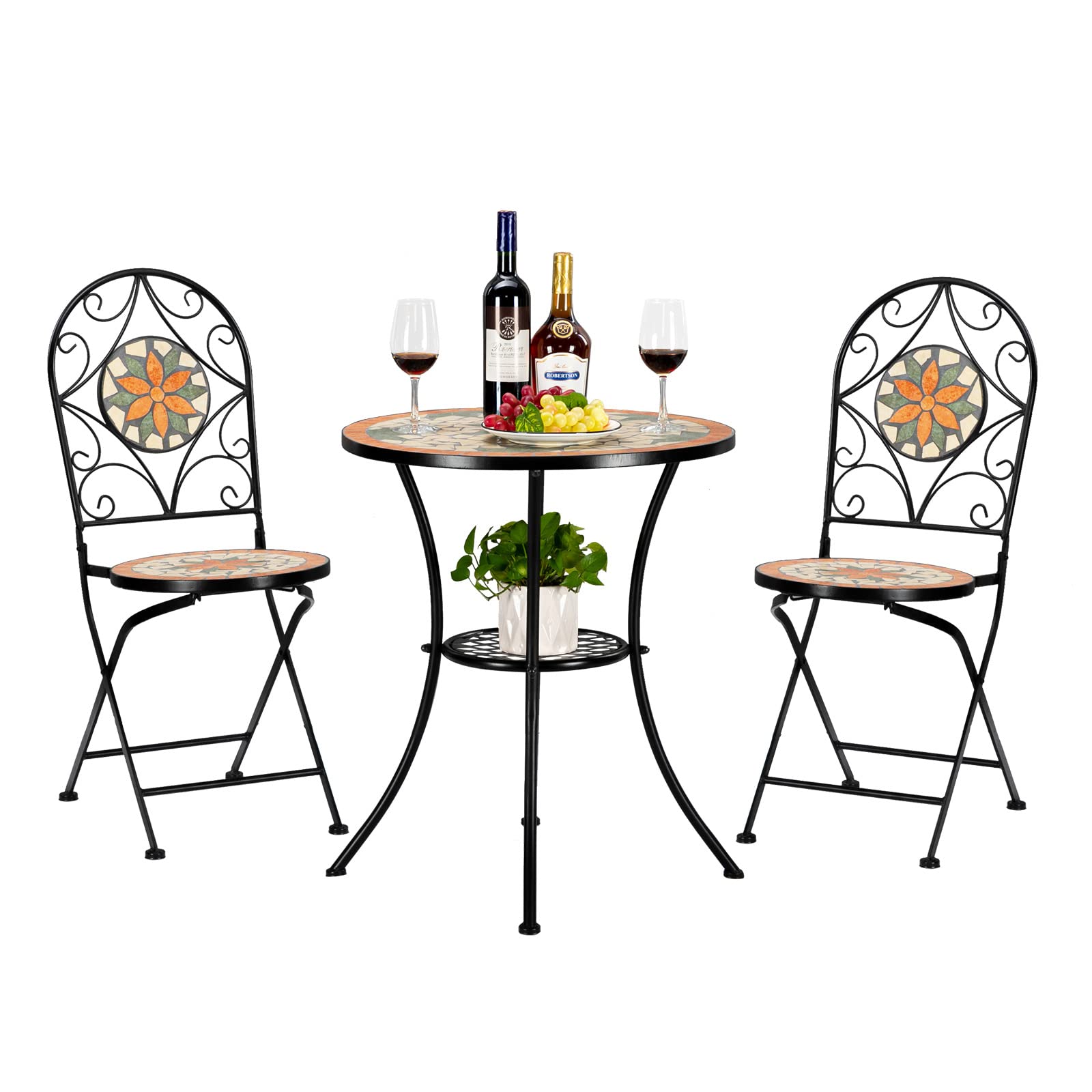 VINGLI 3-Piece Outdoor Bistro Set - Black Iron Frame Mosaic Garden Patio Table with 2 Folding Chairs | Perfect for Backyard, Balcony, Poolside & Cafe Dining